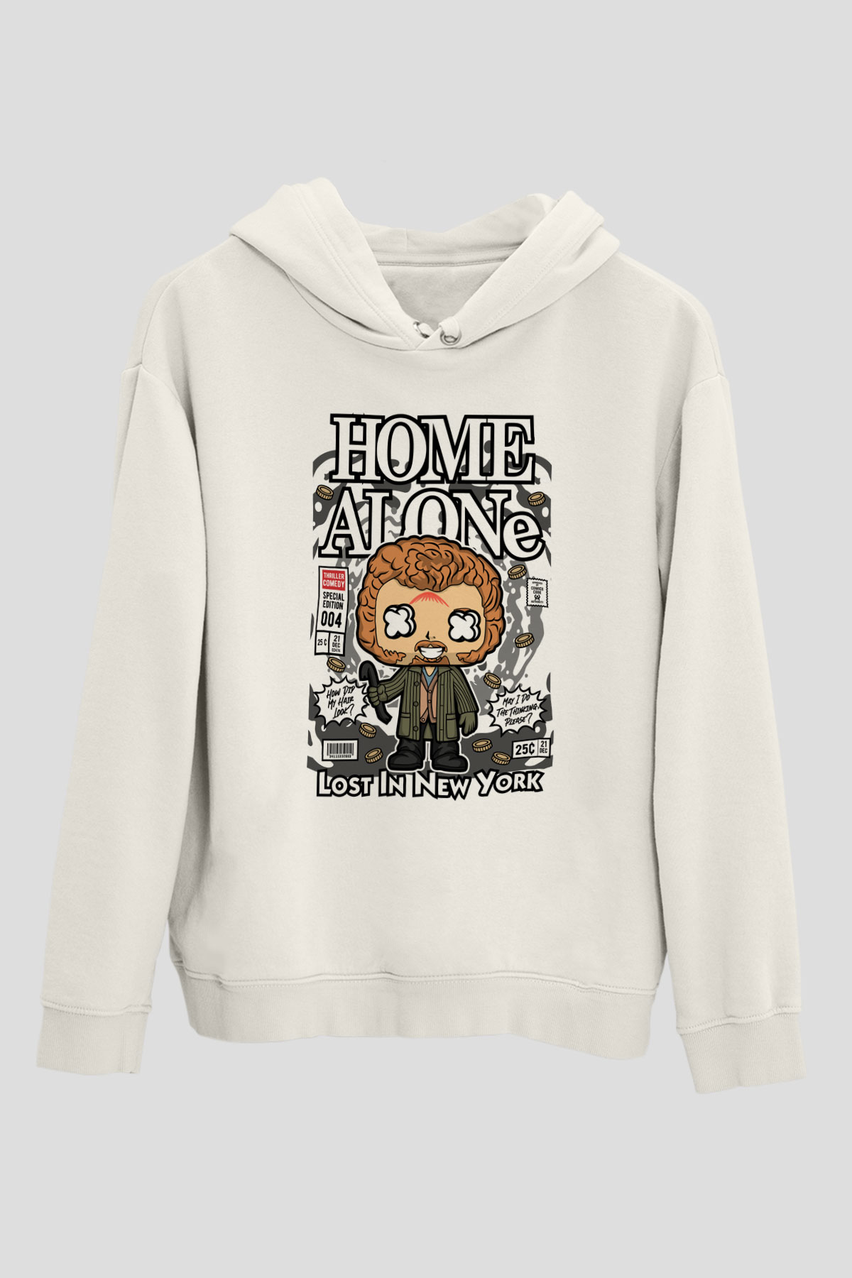 Marv Evde Tek Başına Baskılı Unisex Beyaz Hoodie