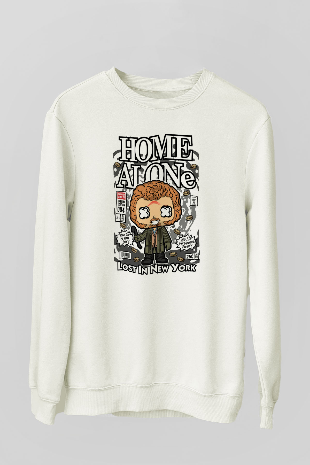 Marv Evde Tek Başına Baskılı Unisex Beyaz Sweatshirt