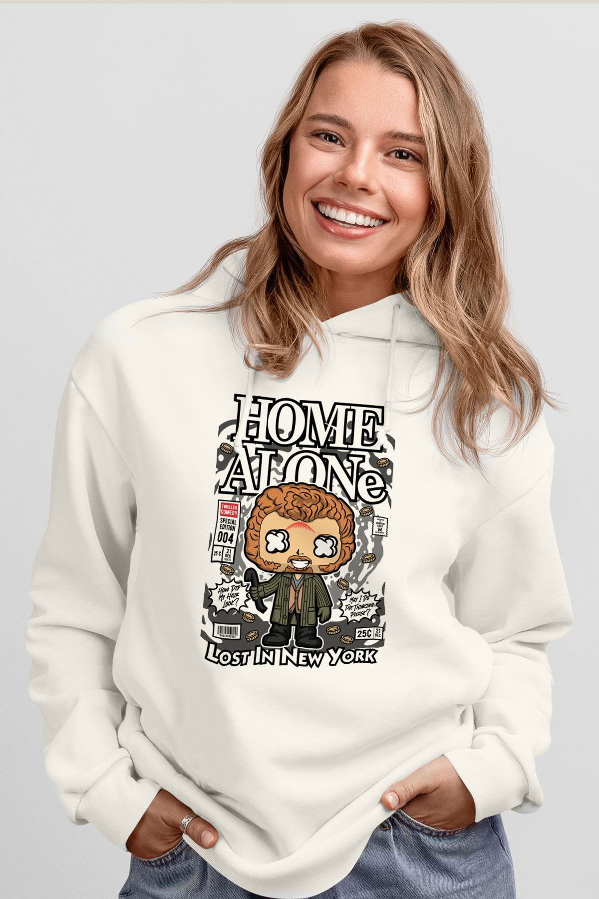 Marv Evde Tek Başına Baskılı Unisex Beyaz Hoodie