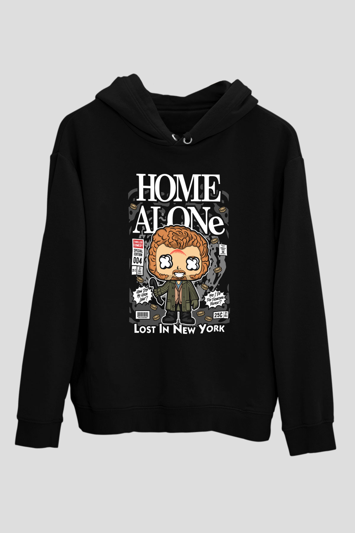 Marv Evde Tek Başına Baskılı Unisex Siyah Hoodie