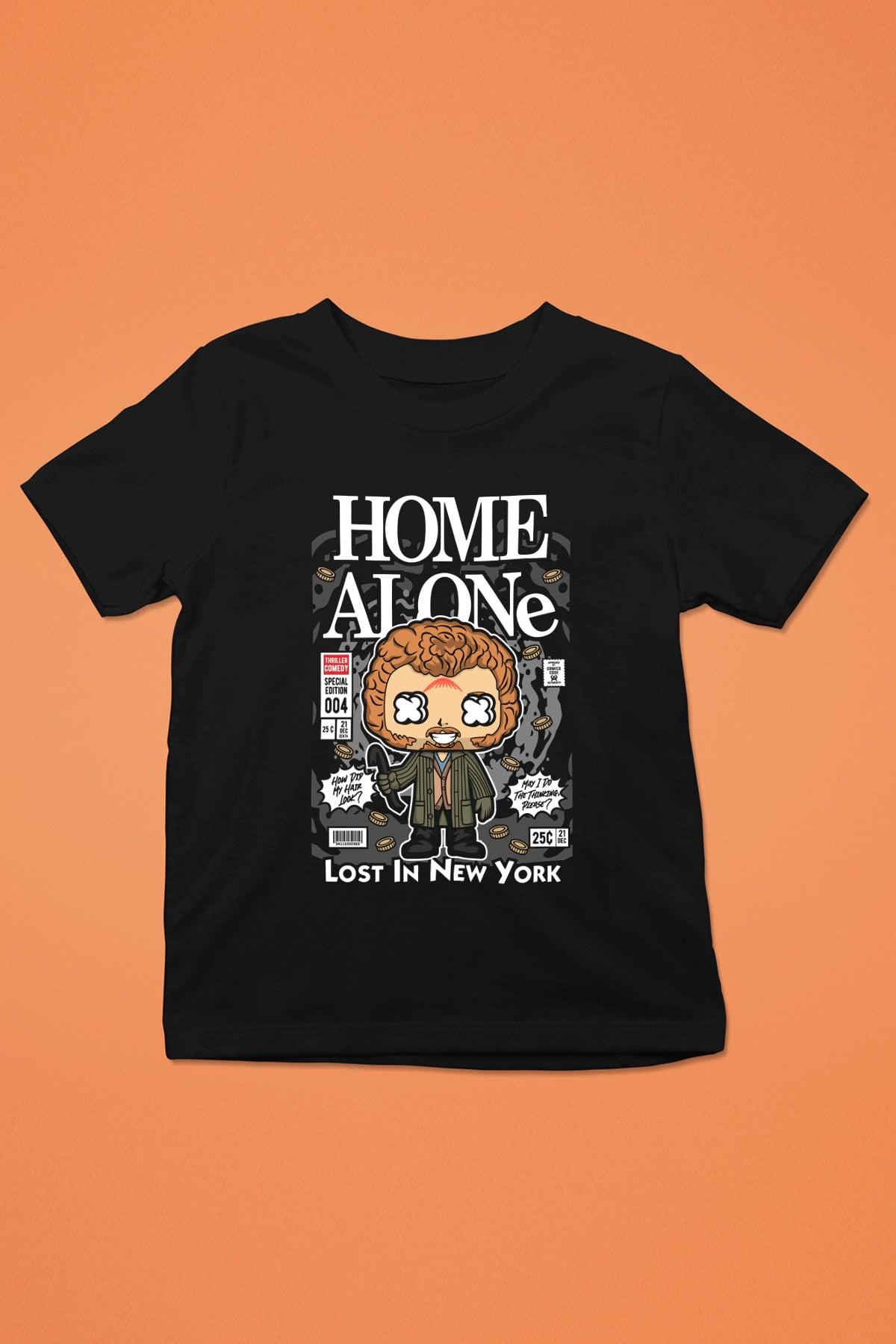 Marv Evde Tek Başına Baskılı Unisex Siyah Çocuk Tişört