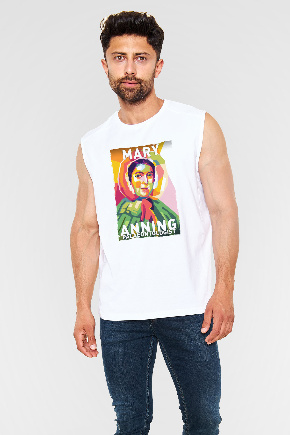 Mary Anning Baskılı Unisex Kolsuz Beyaz Tişört - Tshirt