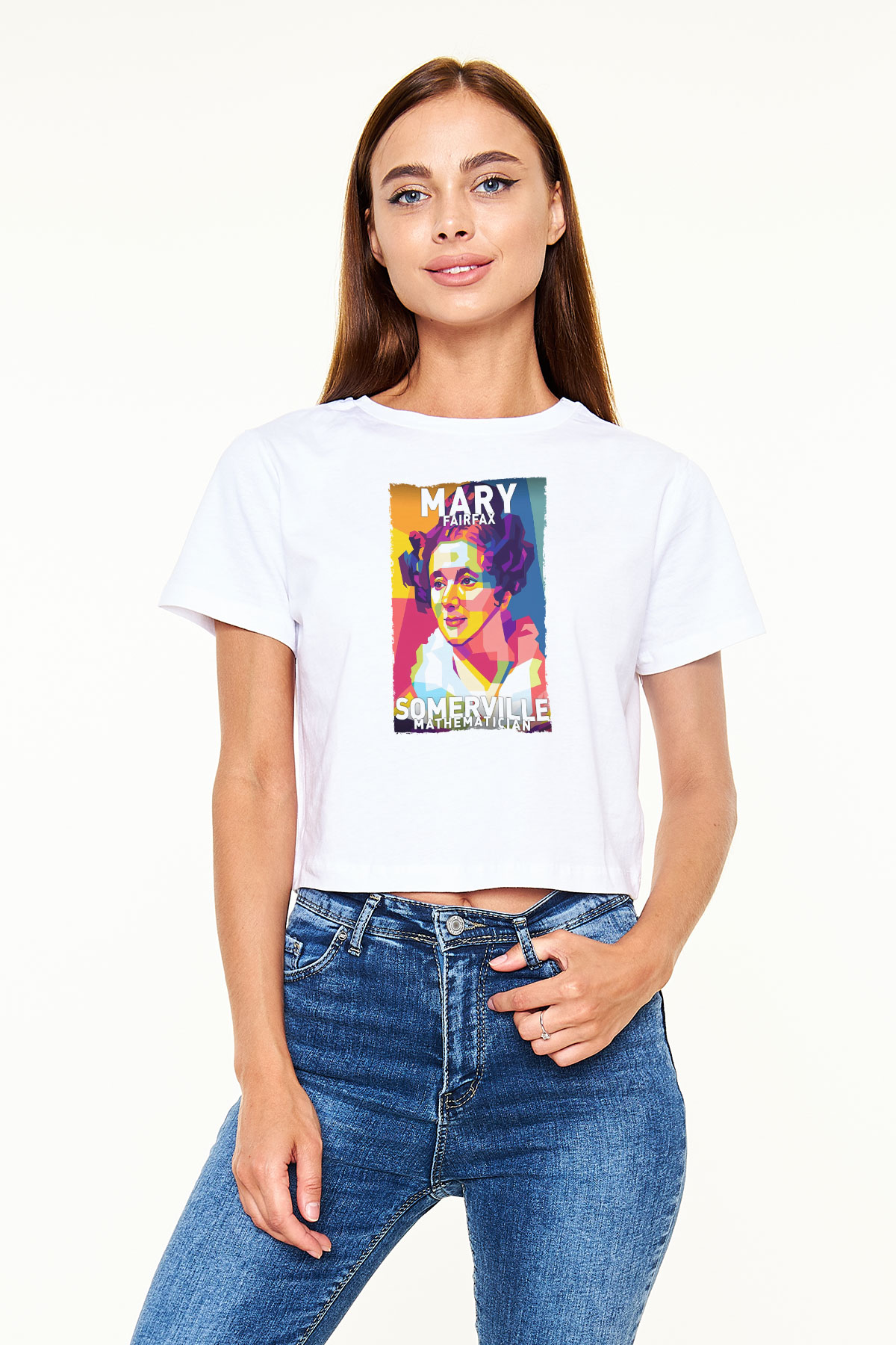 Mary Fairrfax Somerville Baskılı Kadın Crop Top Beyaz Tişört