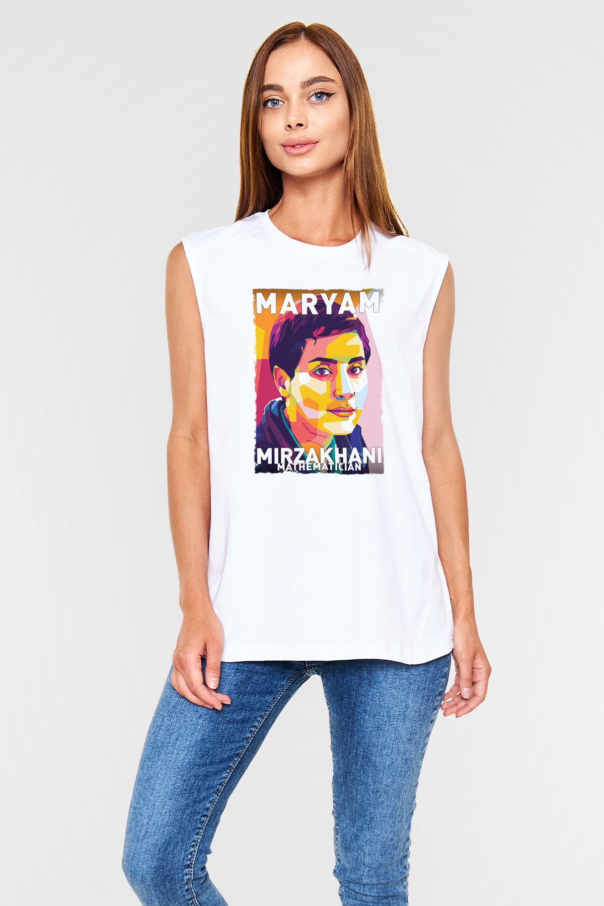 Maryam Mirzakhani Baskılı Unisex Kolsuz Beyaz Tişört - Tshirt