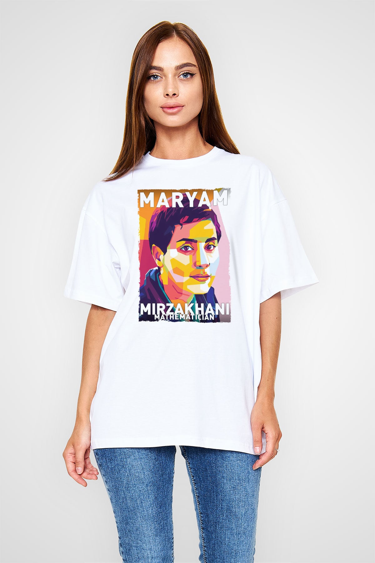 Maryam Mirzakhani Baskılı Unisex Oversize Beyaz Tişört - Tshirt