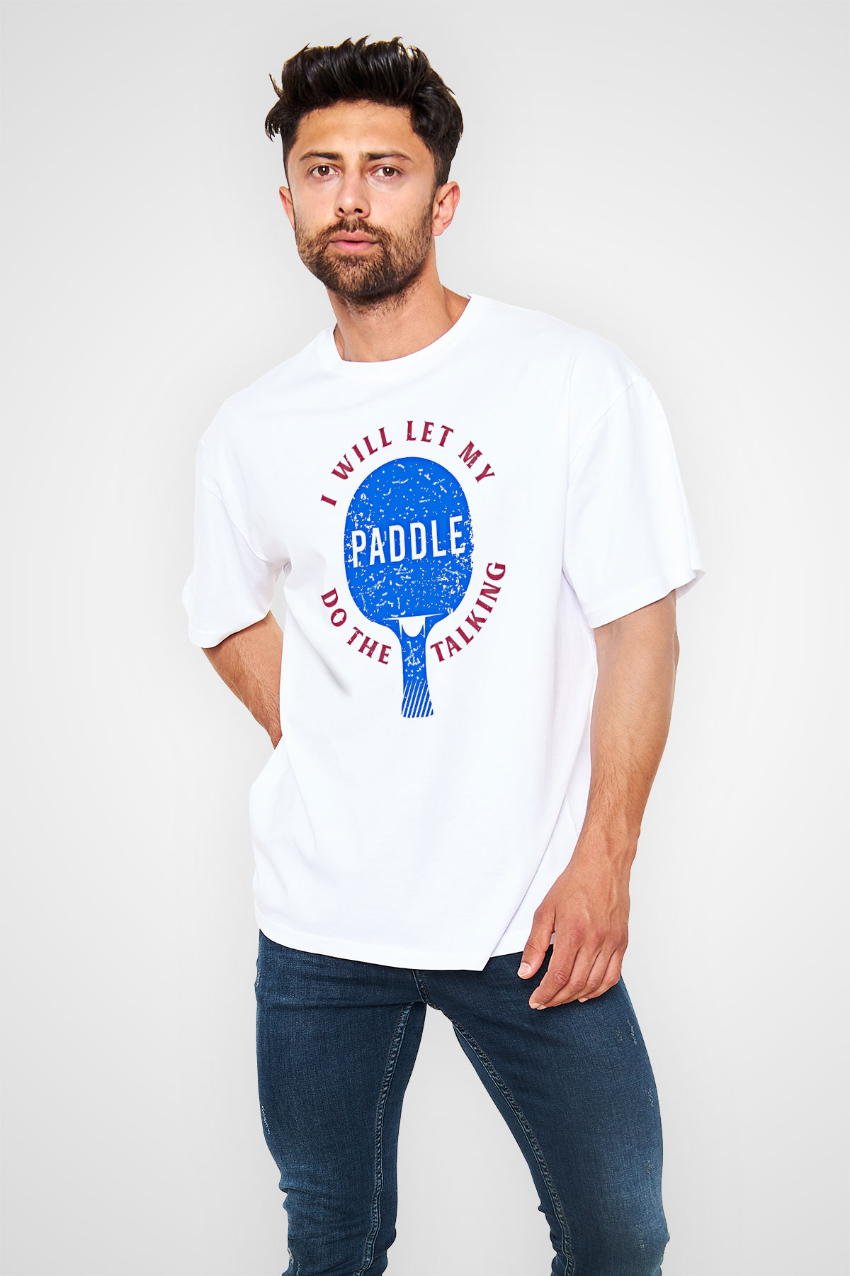 Masa Tenisi Baskılı Unisex Beyaz Oversize Tişört - Tshirt