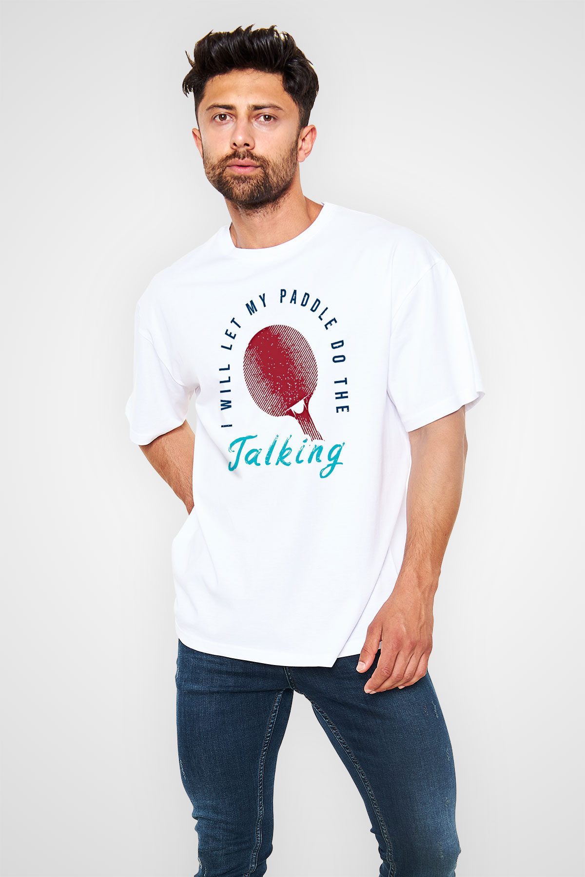Masa Tenisi Baskılı Unisex Beyaz Oversize Tişört - Tshirt