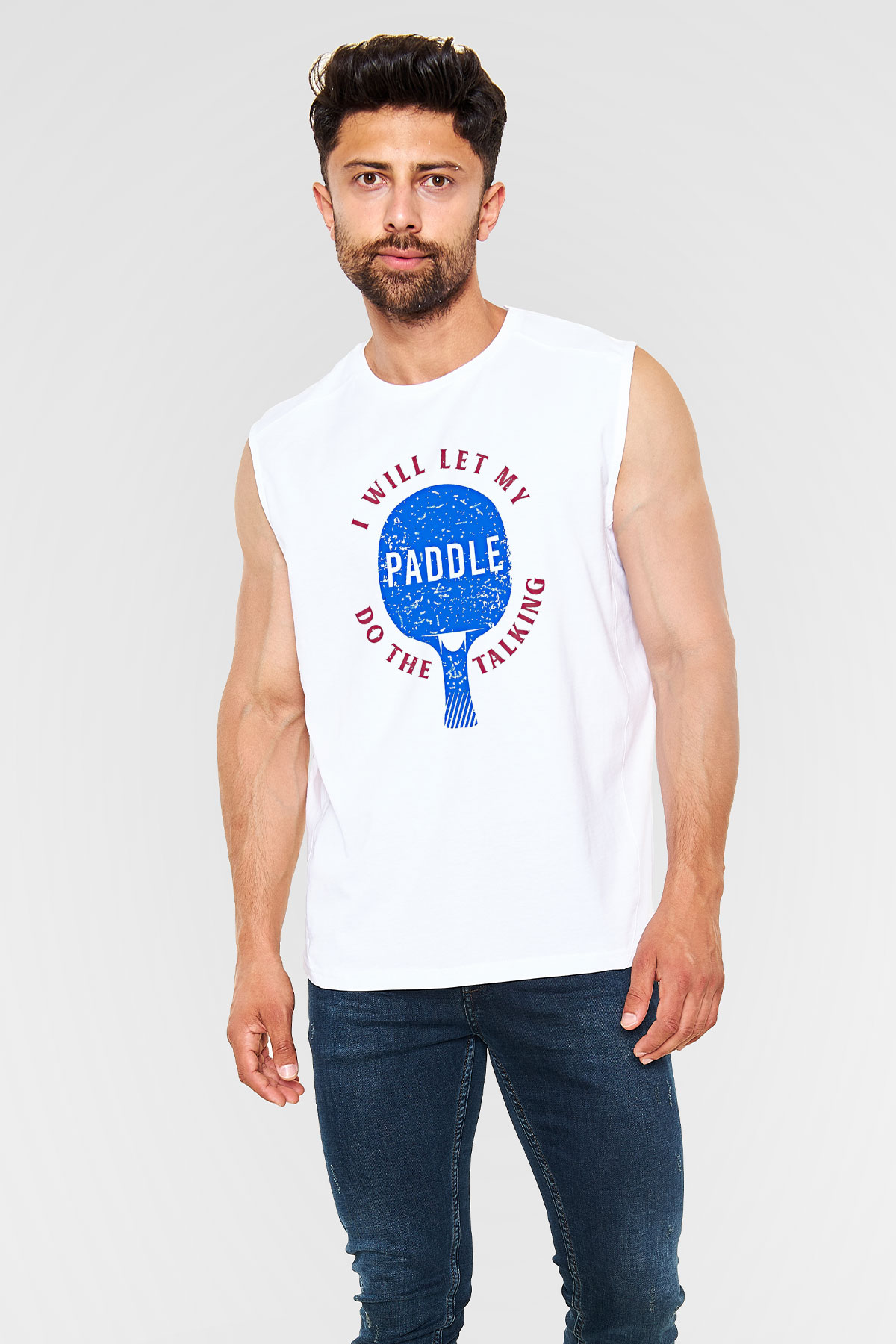 Masa Tenisi Baskılı Unisex Kolsuz Beyaz Tişört