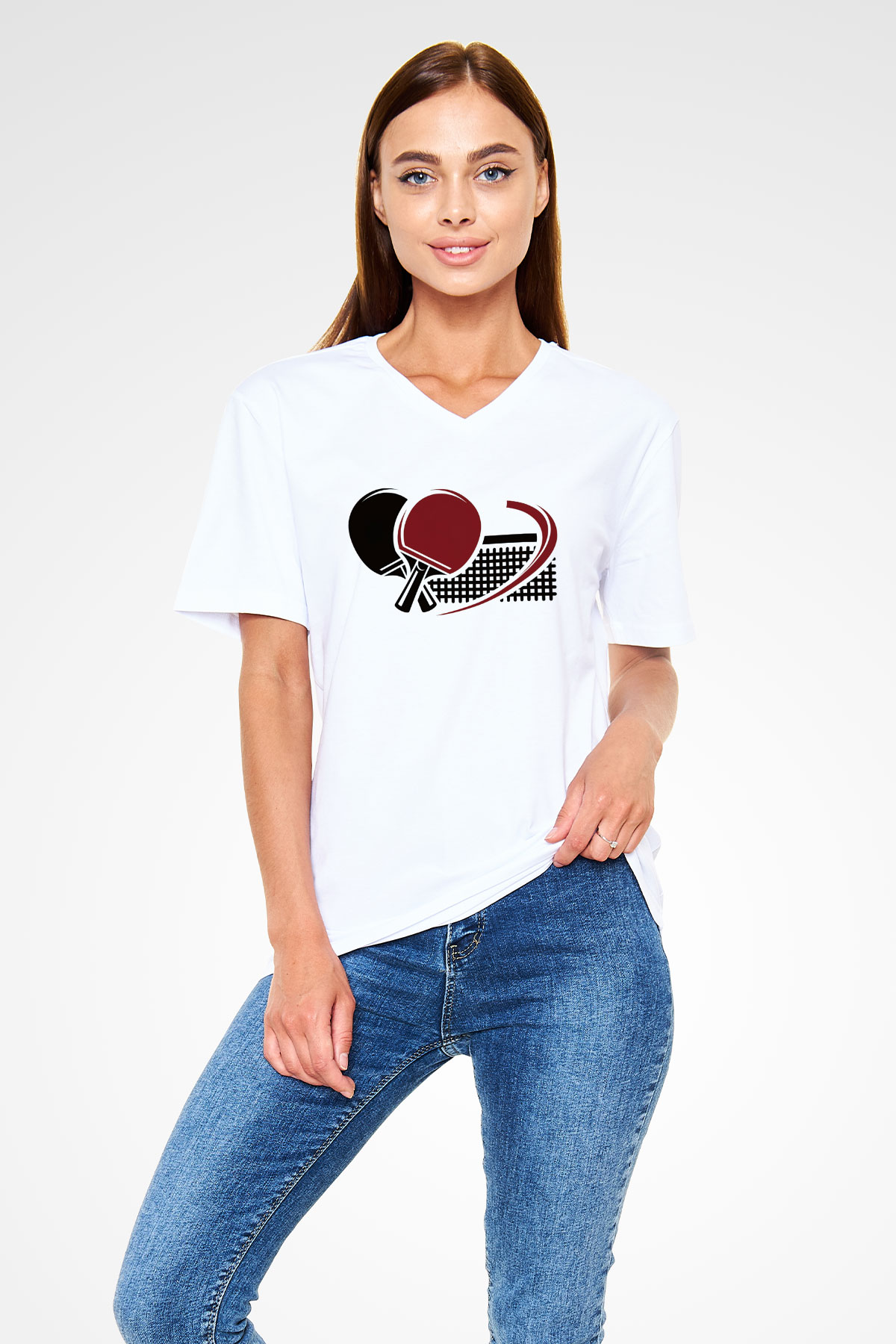 Masa tenisi Beyaz Unisex V Yaka Tişört T-Shirt