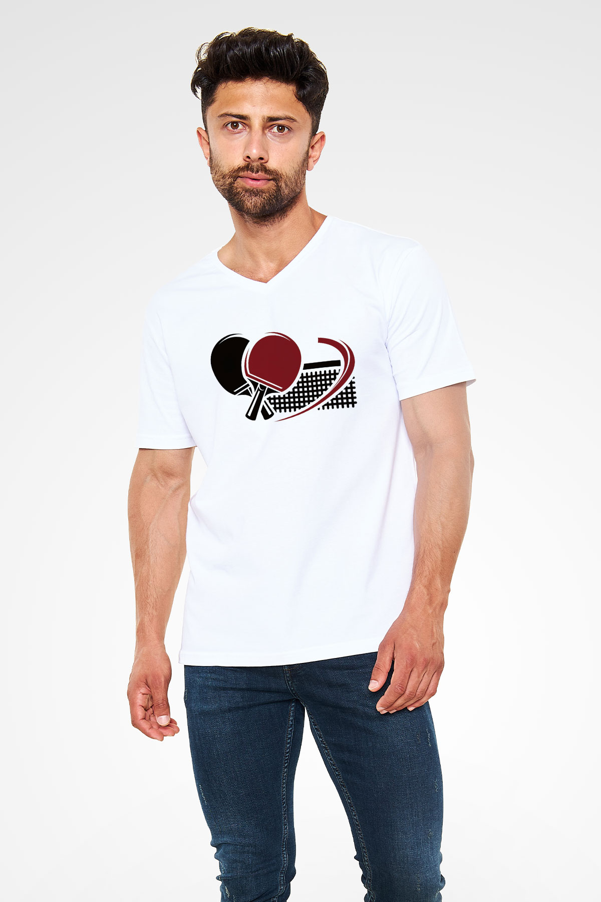 Masa tenisi Beyaz Unisex V Yaka Tişört T-Shirt