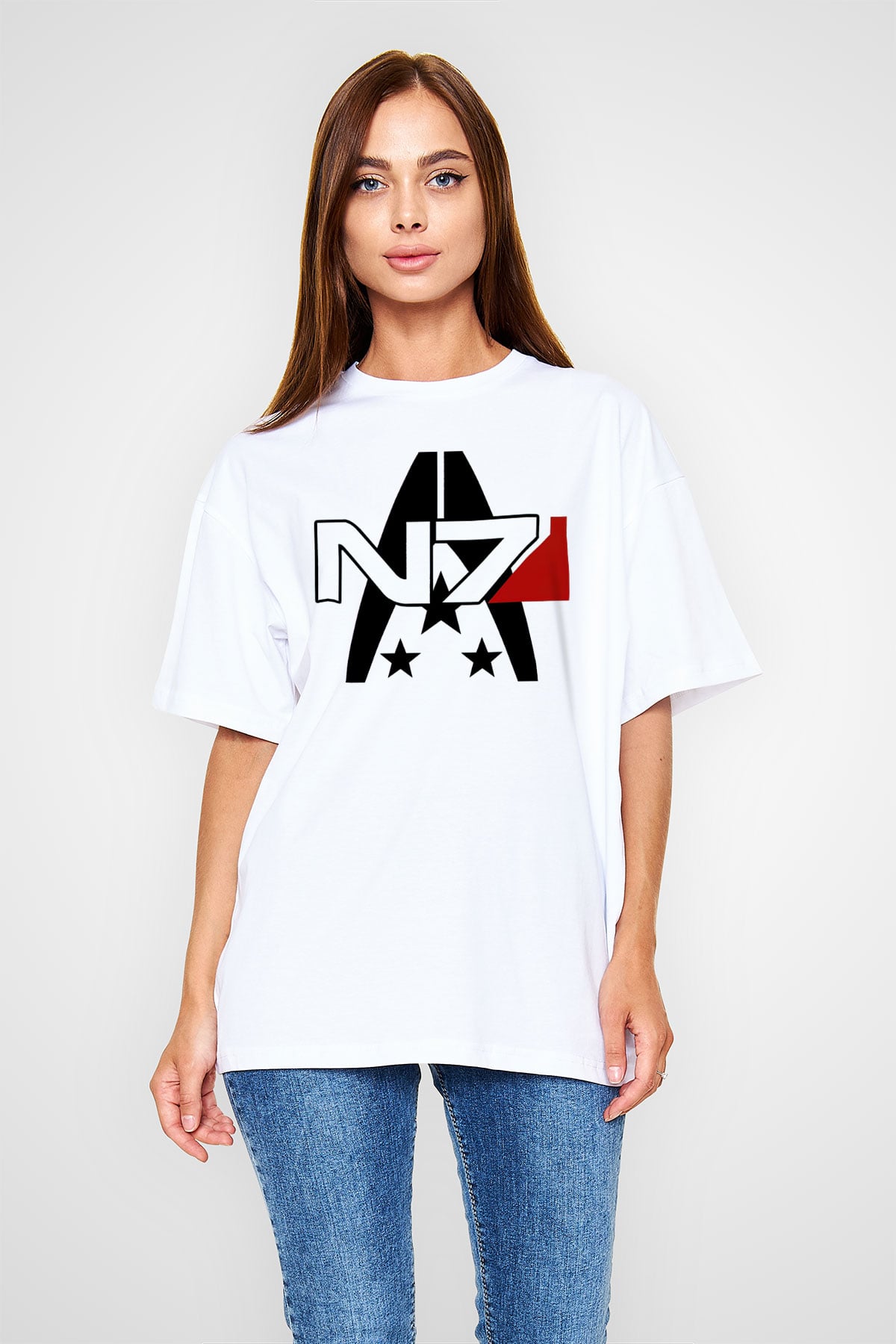 Mass Effect Beyaz Oversize Tişört Oversize T-shirt