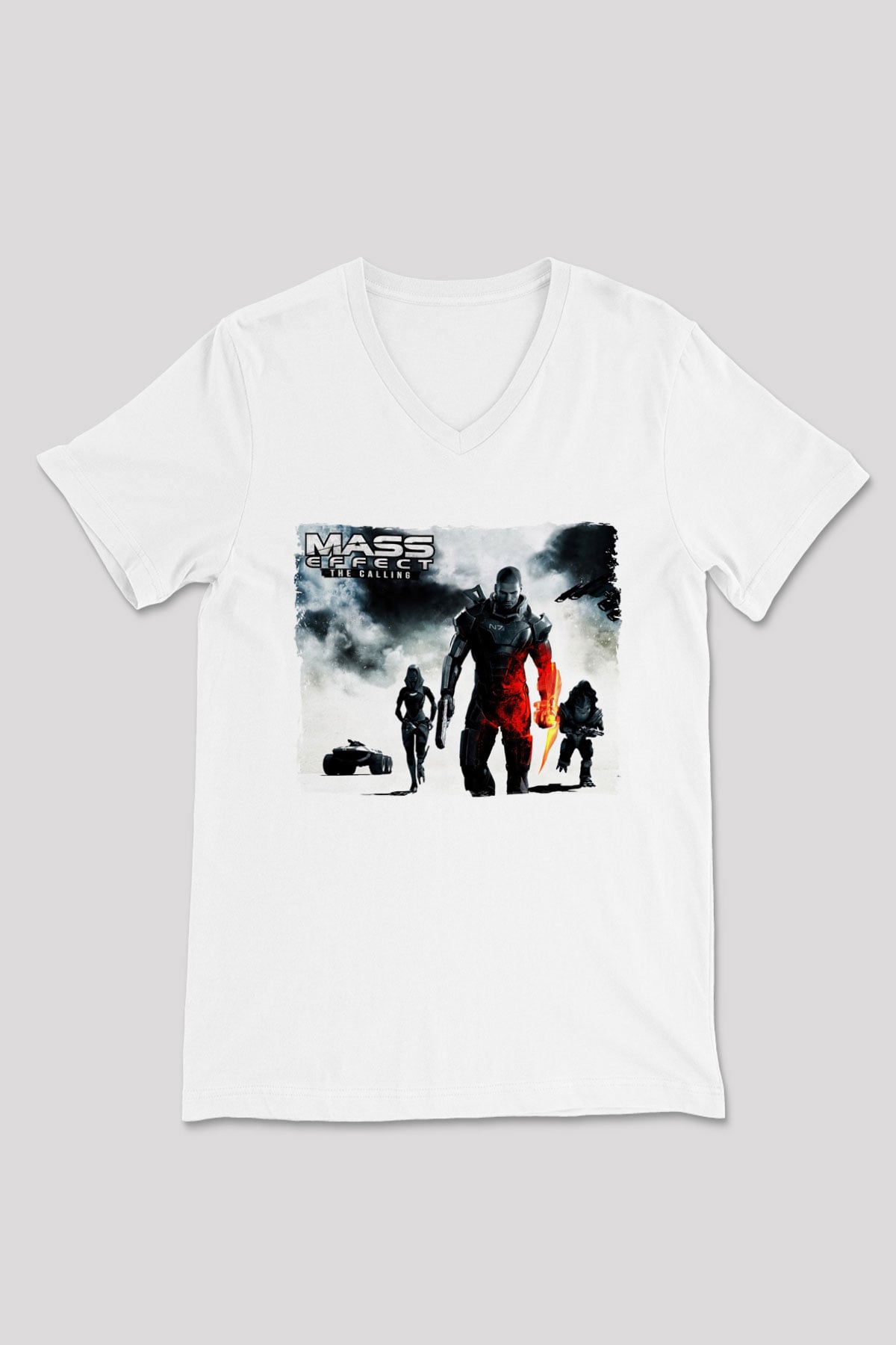 Mass Effect Beyaz Unisex V Yaka Tişört