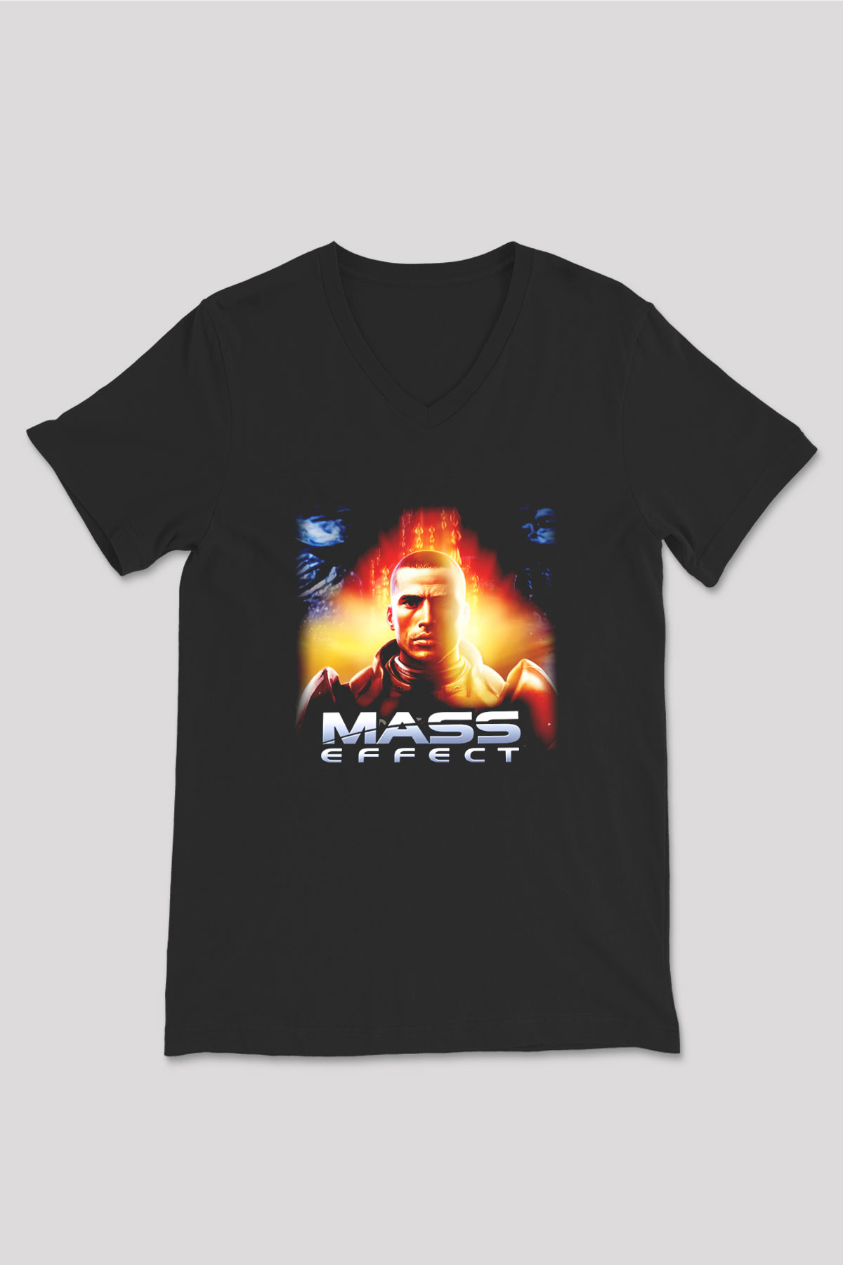 Mass Effect Siyah Unisex V Yaka Tişört T-Shirt