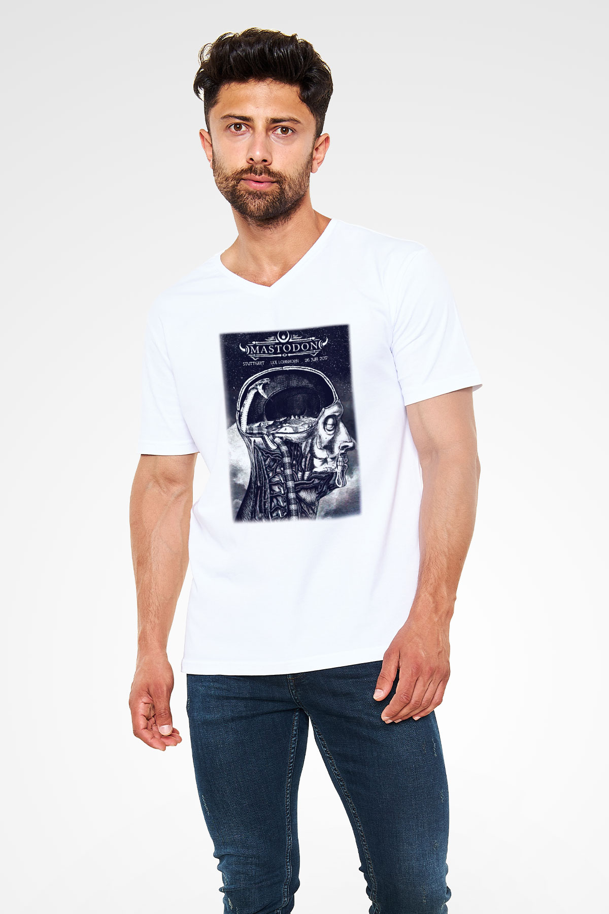 Mastodon Beyaz Unisex V Yaka Tişört T-Shirt