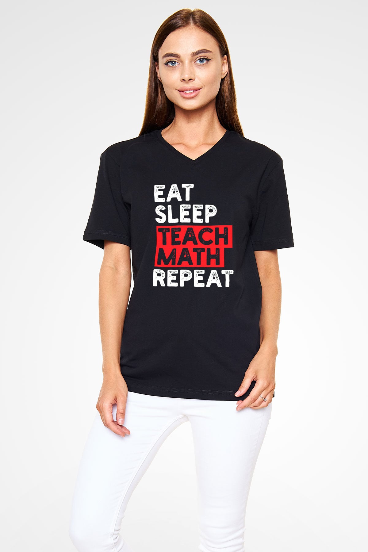 Matematik Öğretmeni Baskılı Unisex V Yaka Siyah Tİşört - Tshirt