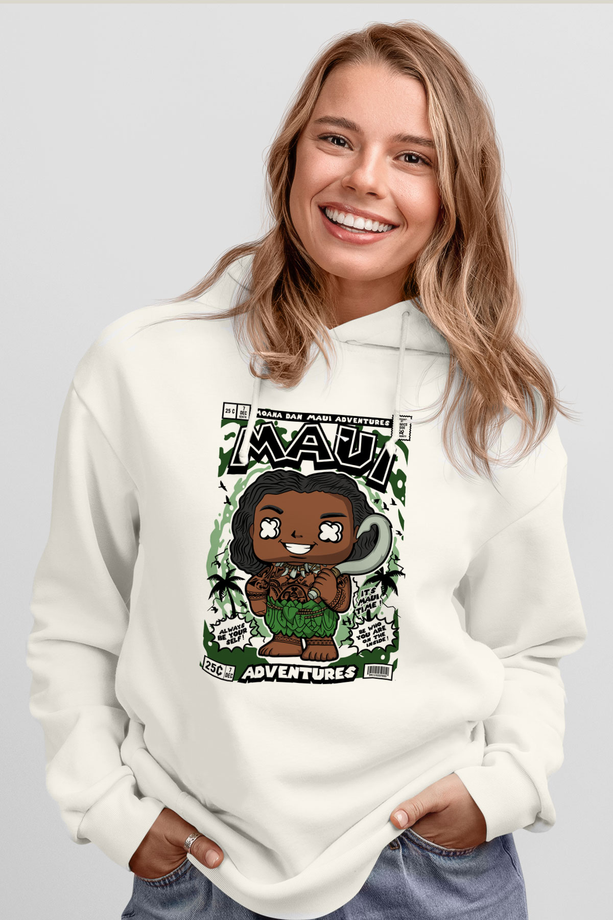 Maui Baskılı Unisex Beyaz Hoodie