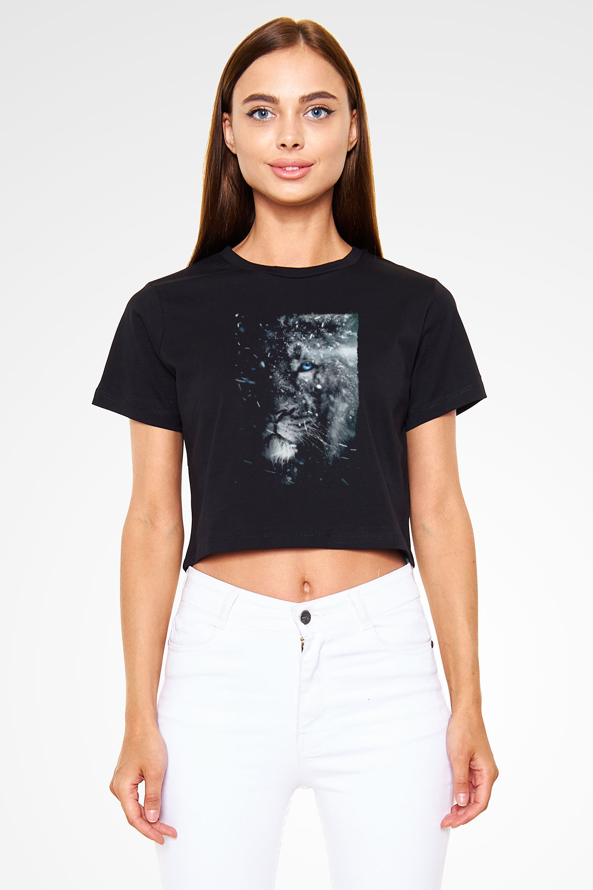 Mavi Gözlü Aslan Baskılı  Siyah  Crop Top Tişört