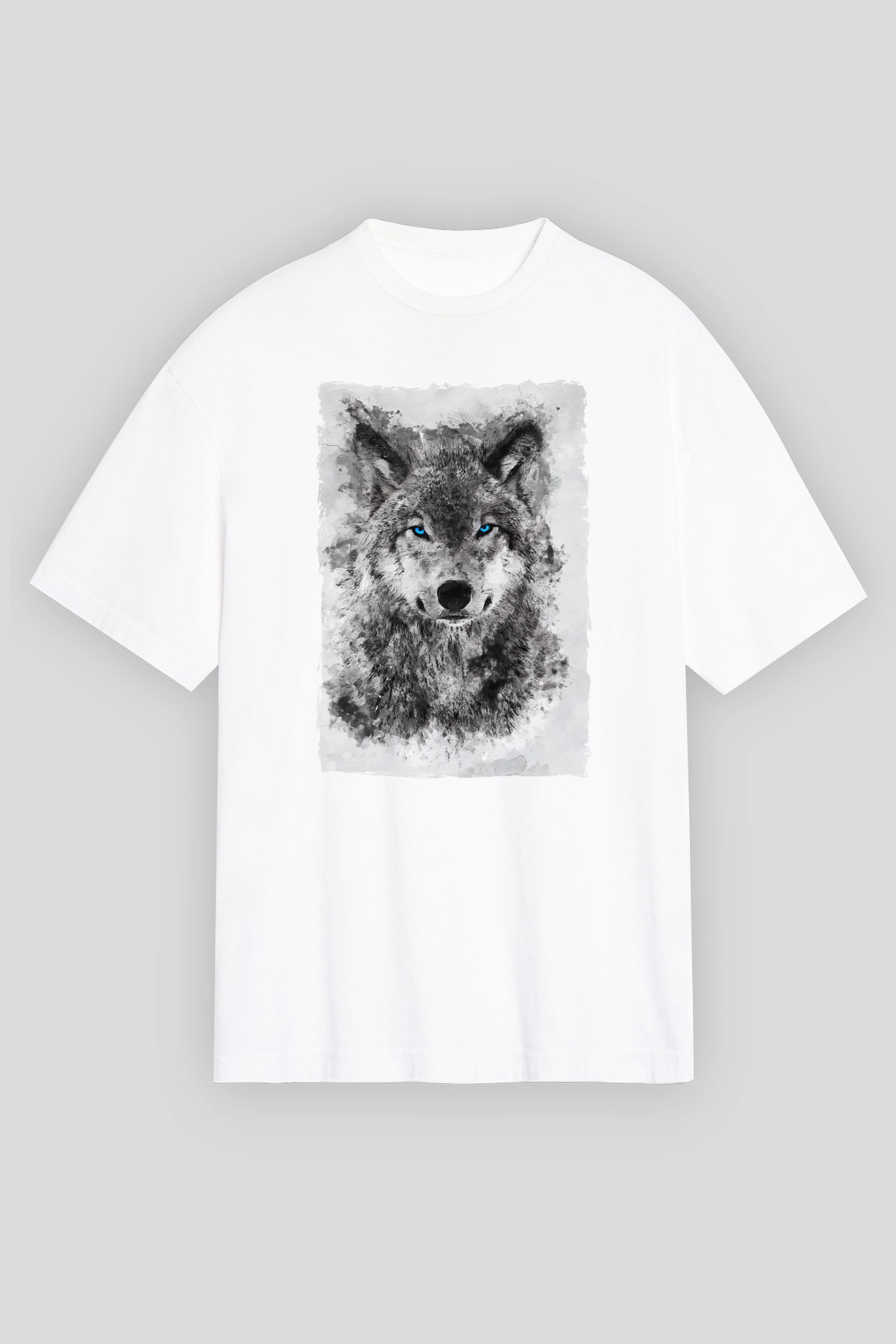 Mavi Gözlü Kurt Baskılı Oversize Beyaz Tshirt