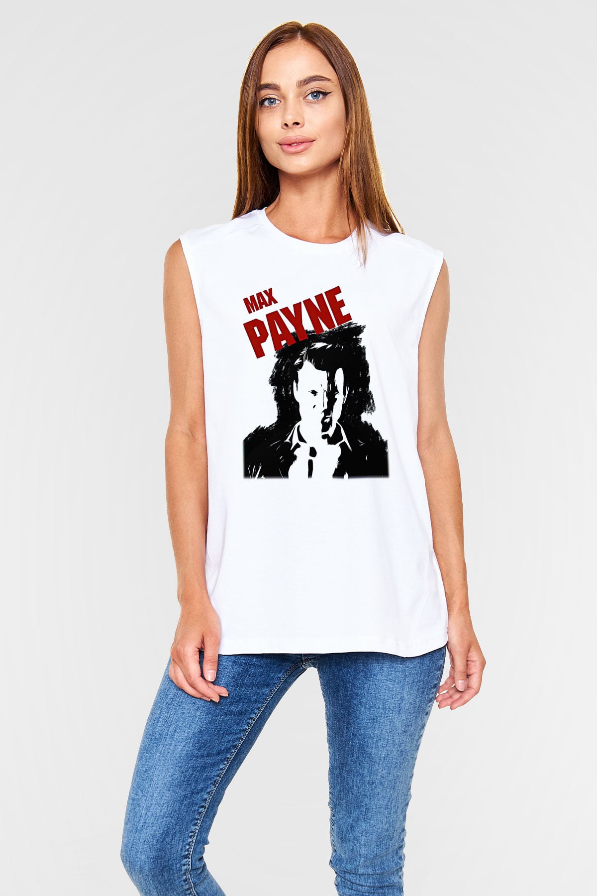Max Payne Baskılı Beyaz Unisex Kolsuz Tişört - Tshirt