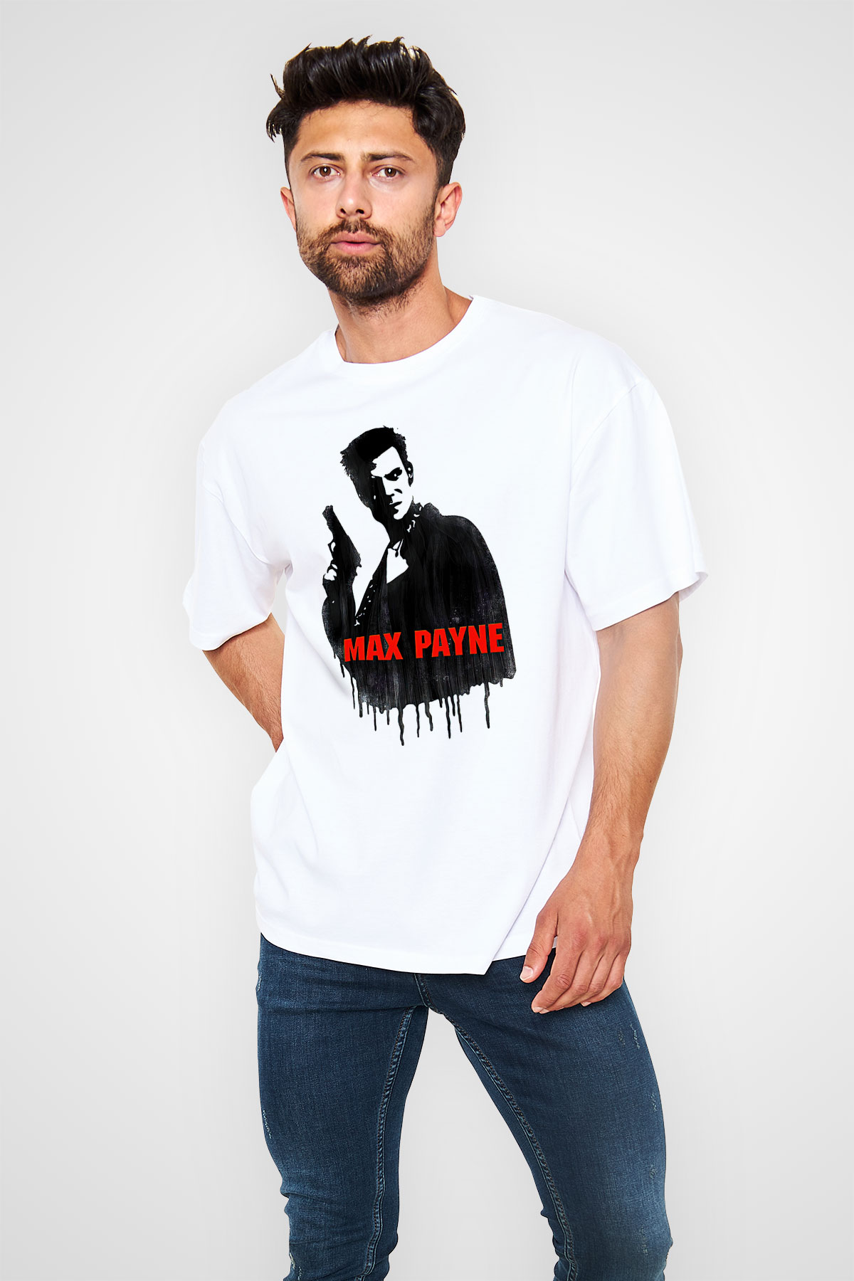 Max Payne Baskılı Beyaz Unisex Oversize Tişört - Tshirt