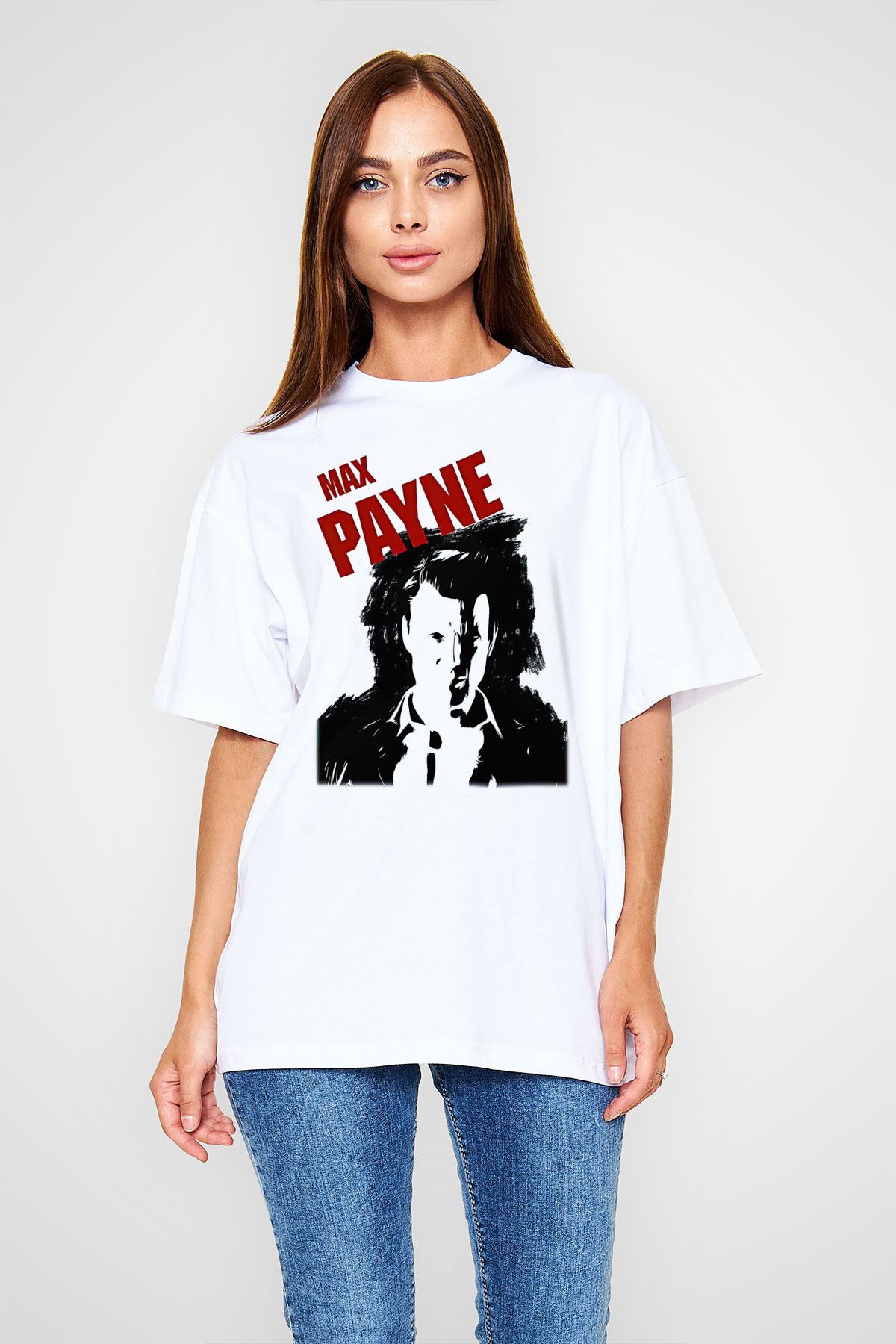 Max Payne Baskılı Beyaz Unisex Oversize Tişört - Tshirt
