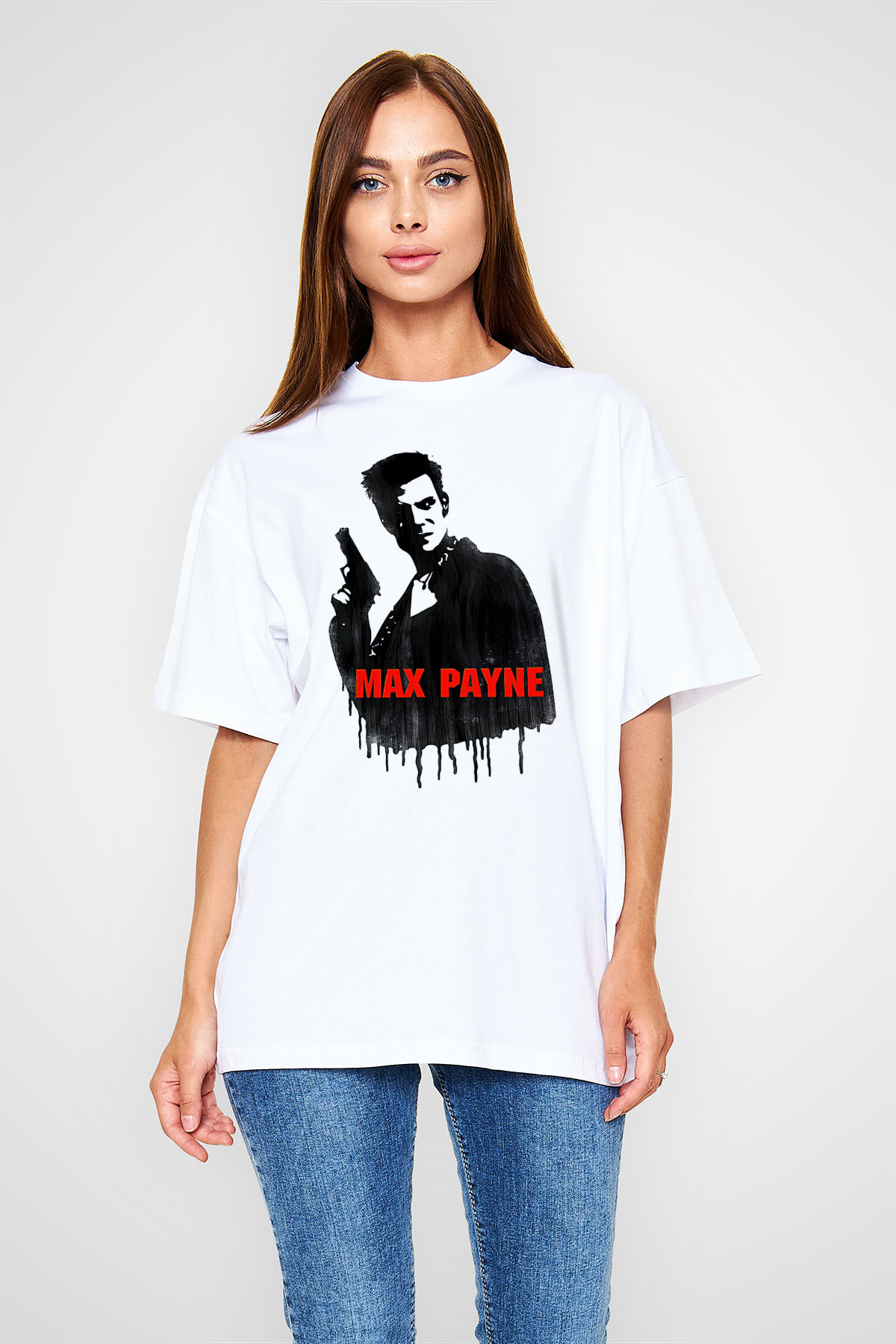 Max Payne Baskılı Beyaz Unisex Oversize Tişört - Tshirt