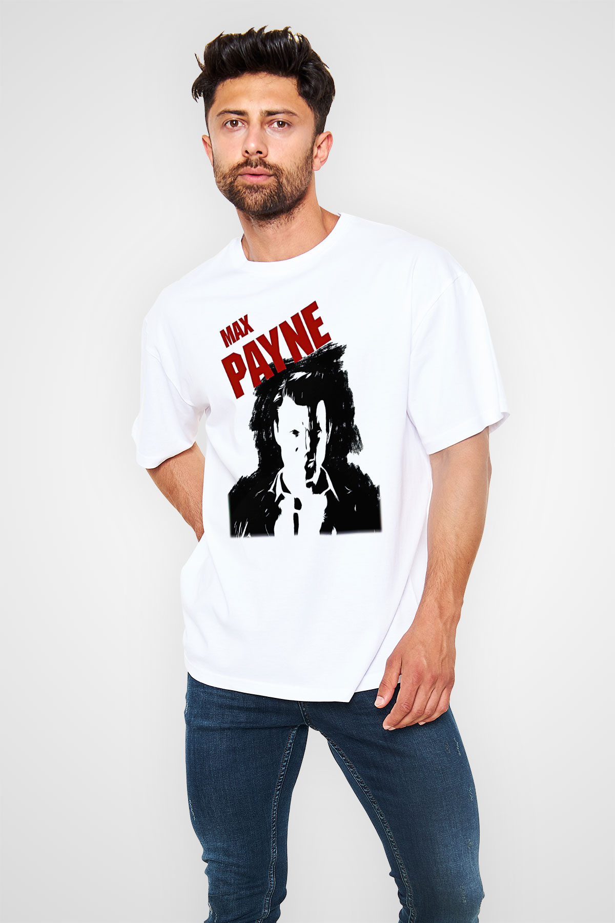 Max Payne Baskılı Beyaz Unisex Oversize Tişört - Tshirt
