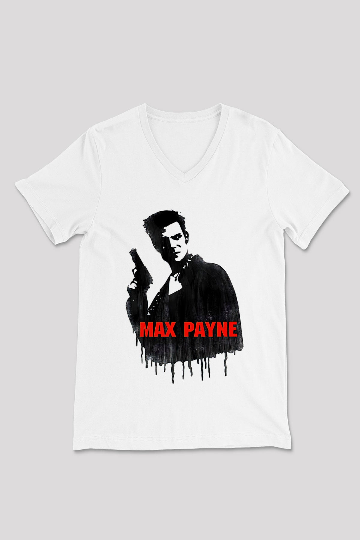 Max Payne Baskılı Beyaz Unisex V Yaka Tişört - Tshirt