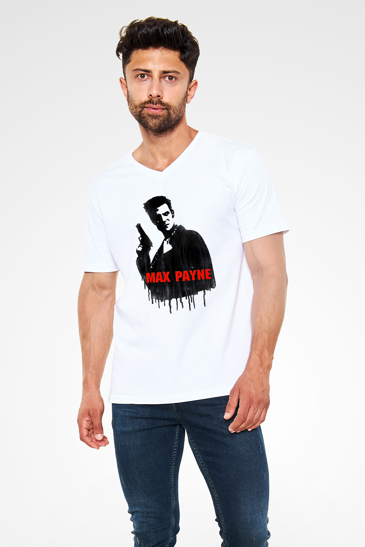 Max Payne Baskılı Beyaz Unisex V Yaka Tişört - Tshirt