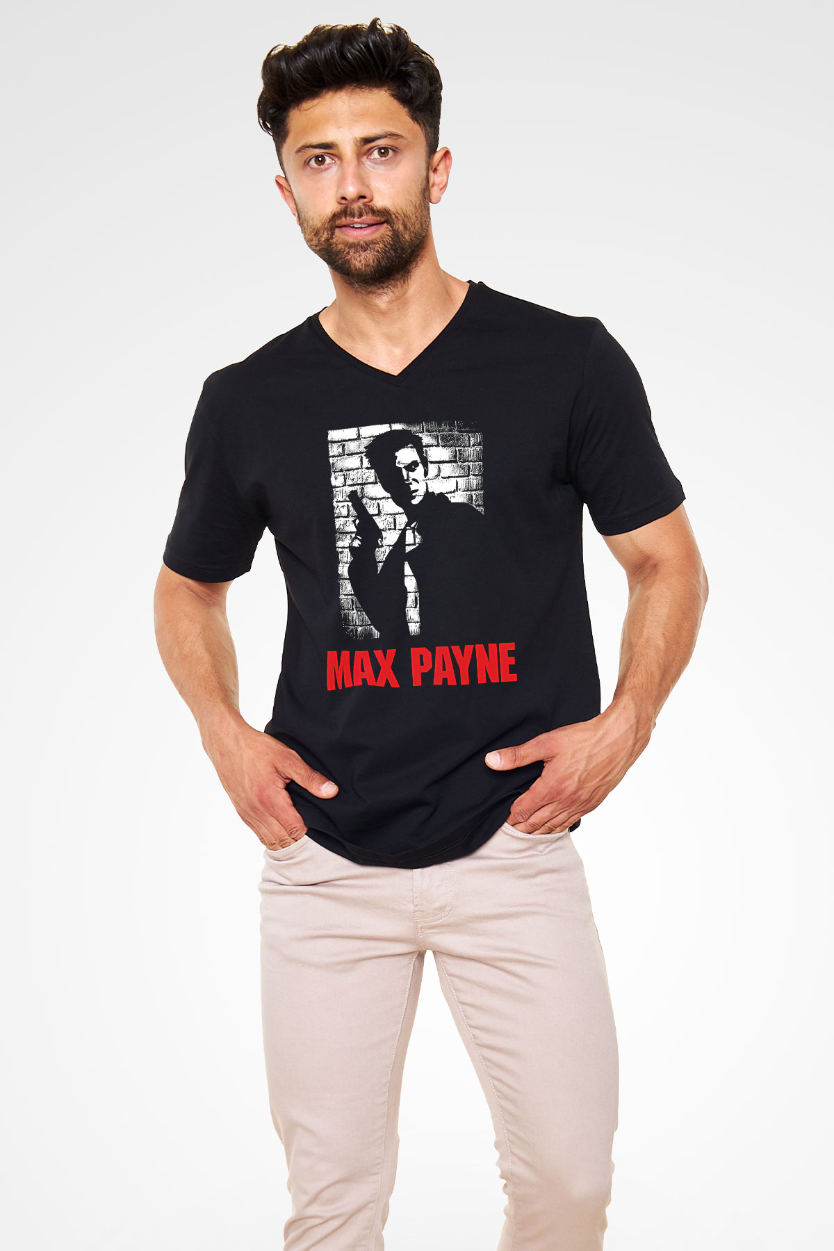 Max Payne Baskılı Unisex Siyah V Yaka Tişört - Tshirt