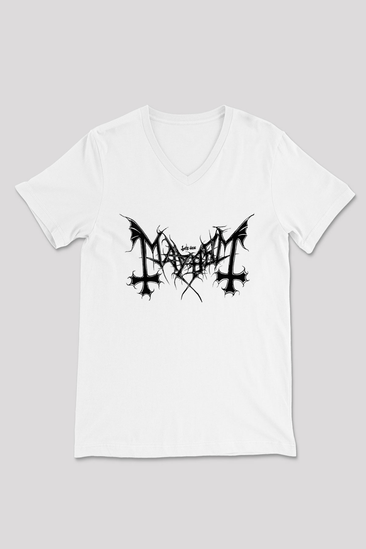 Mayhem Beyaz Unisex V Yaka Tişört T-Shirt