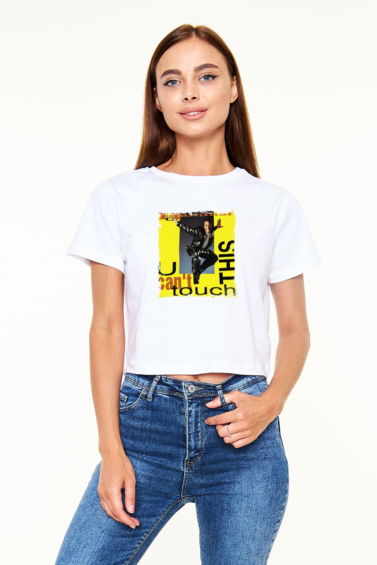 MC Hammer Baskılı Beyaz Kadın Crop Top Tişört