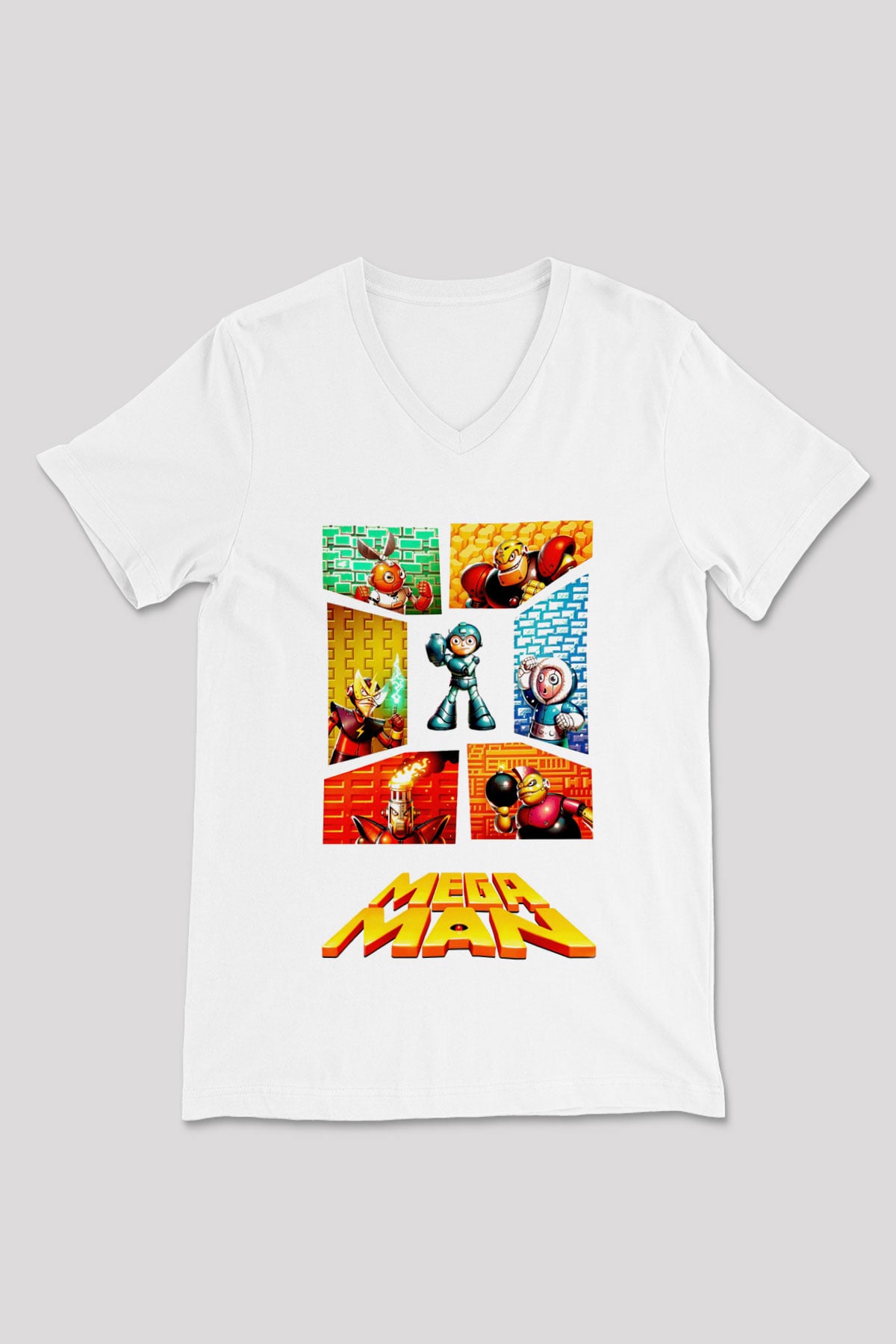 Mega Man Beyaz Unisex V Yaka Tişört