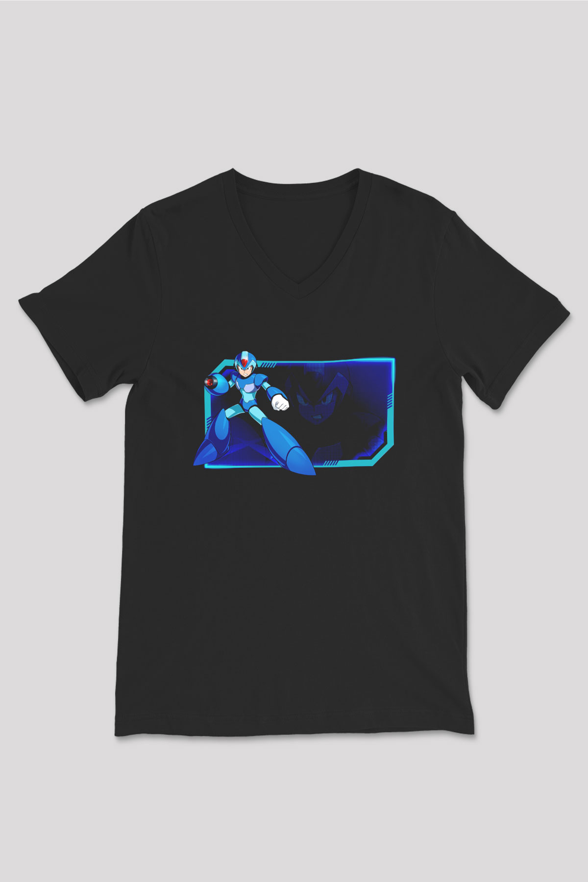 Mega Man Siyah Unisex  V Yaka Tişört
