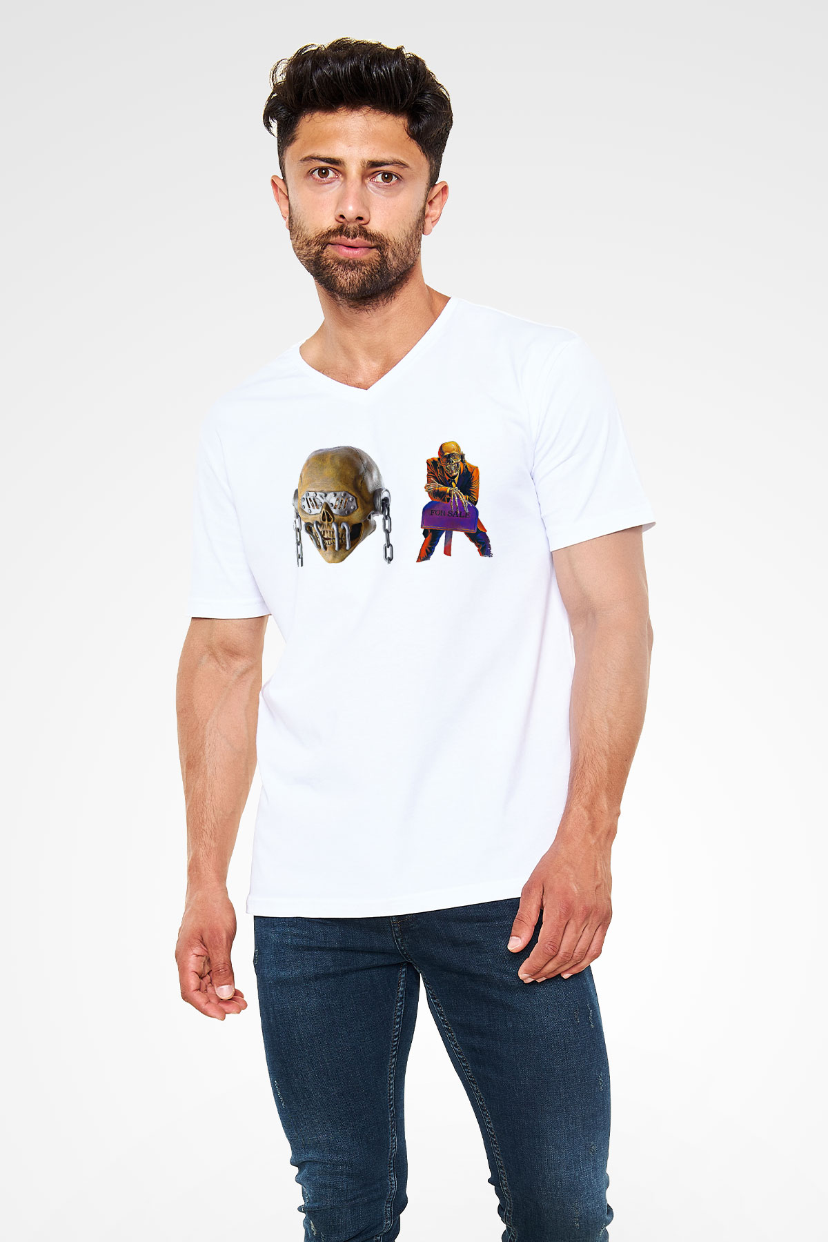 Megadeth Baskılı Beyaz Unisex V Yaka Tişört - Tshirt