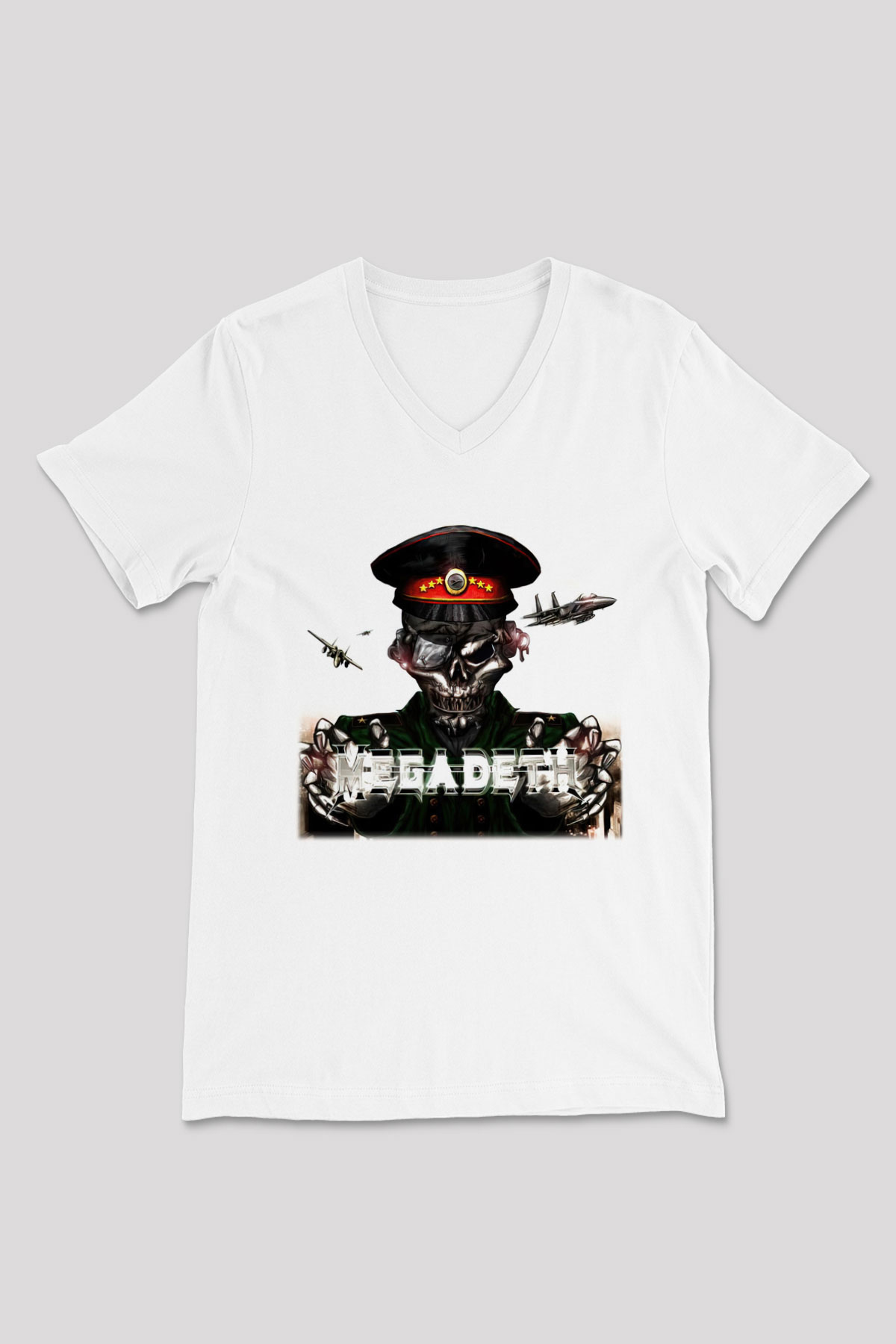 Megadeth Beyaz Unisex V Yaka Tişört T-Shirt