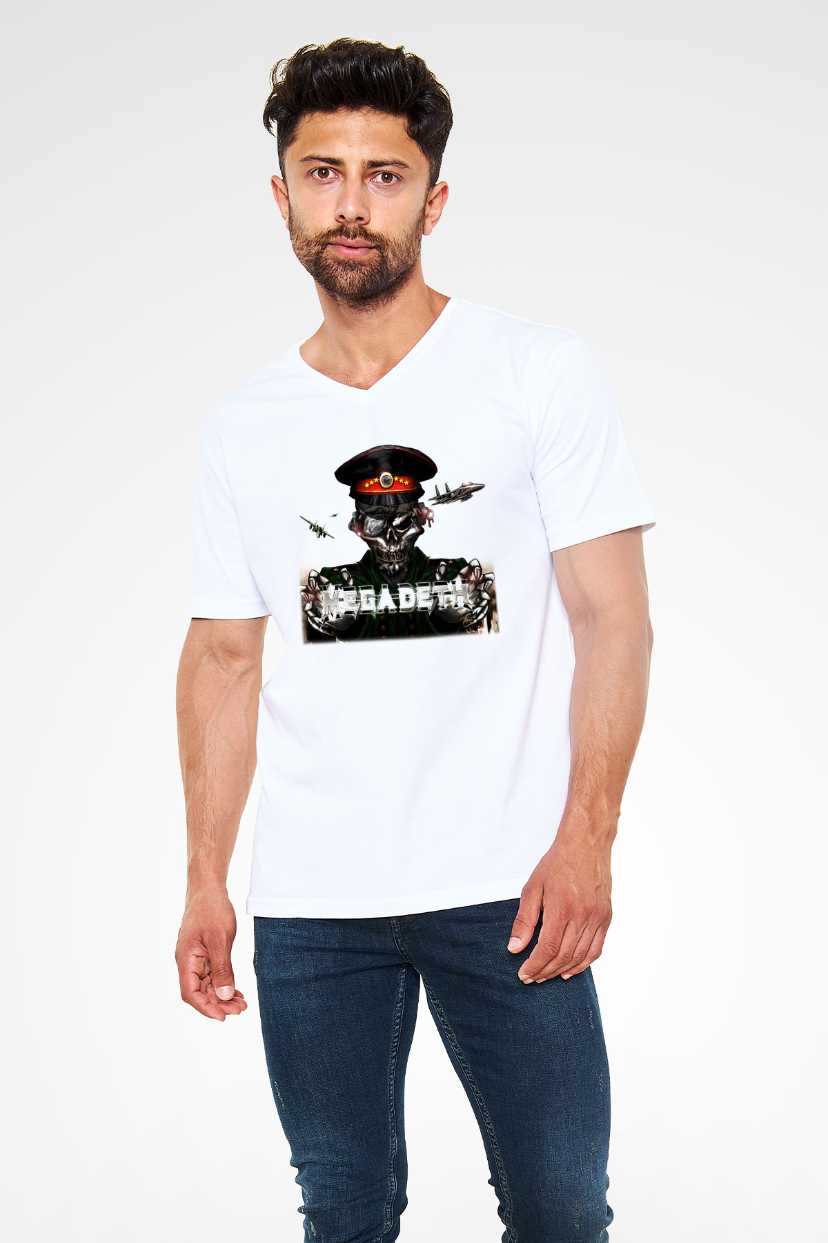Megadeth Beyaz Unisex V Yaka Tişört T-Shirt