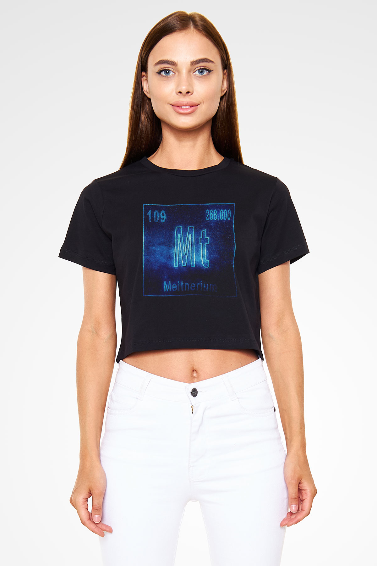 Meitneriyum Elementi Atom Numarası Baskılı Siyah Kadın Crop Top Tişört