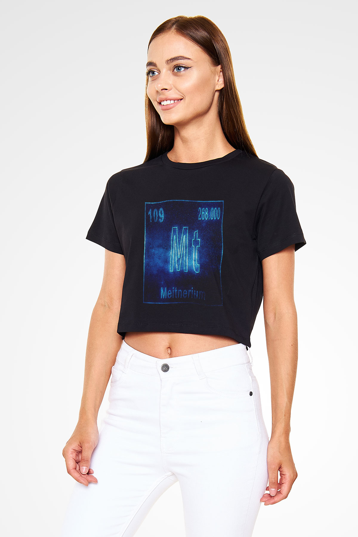 Meitneriyum Elementi Atom Numarası Baskılı Siyah Kadın Crop Top Tişört