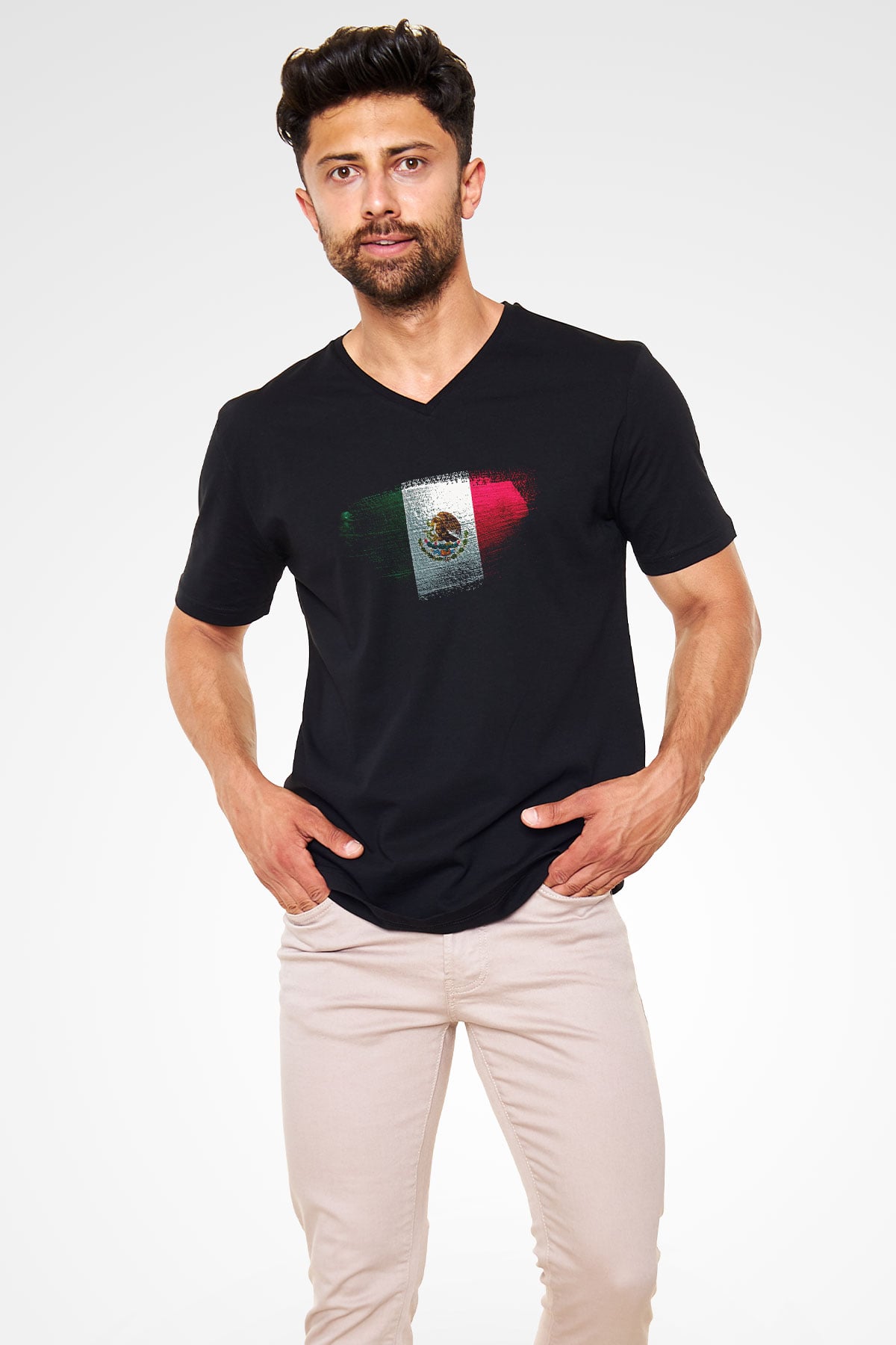 Meksika - Mexico Bayrağı Baskılı Unisex Siyah V Yaka Tişört