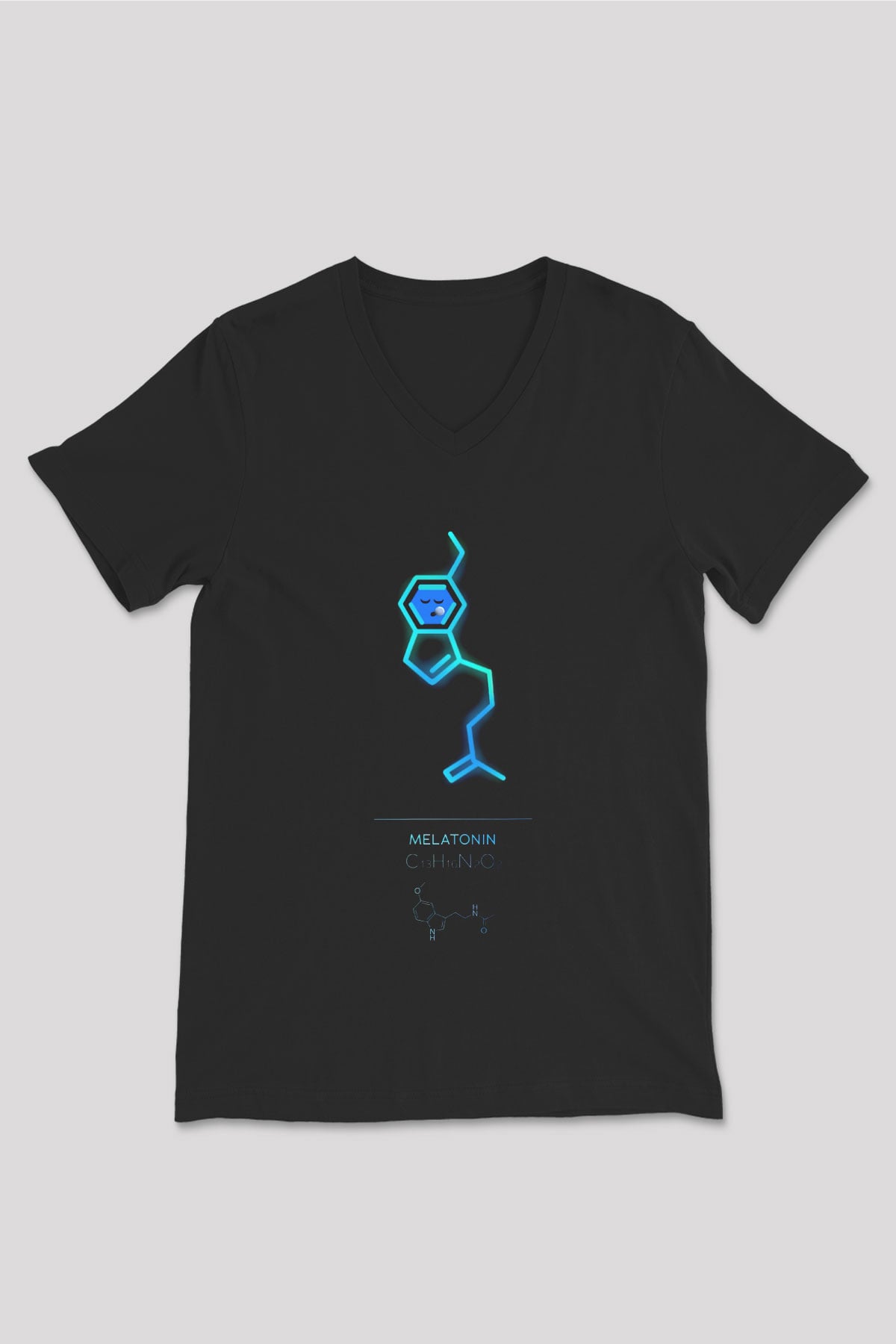 Melatonin Molekülü Baskılı Unisex V Yaka Siyah Tİşört - Tshirt