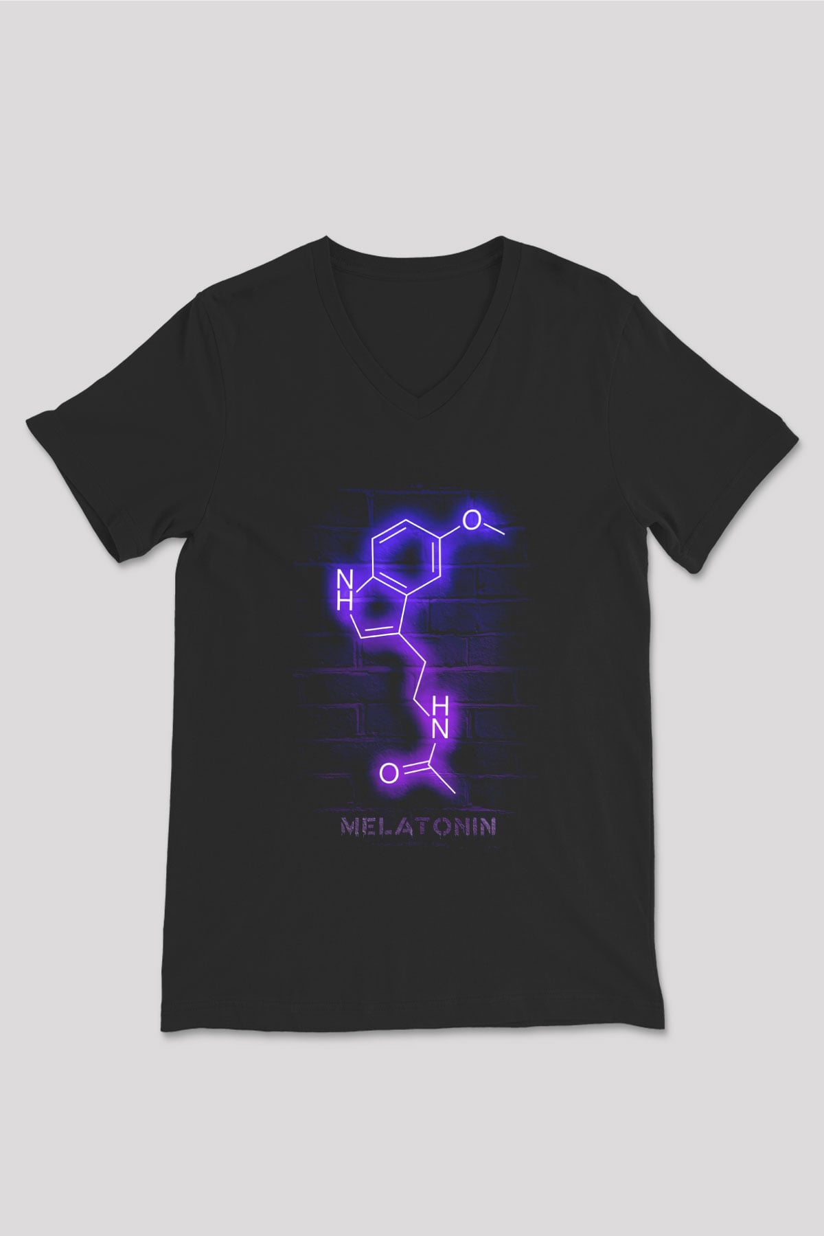 Melatonin Molekülü Neon Baskılı Unisex V Yaka Siyah Tİşört - Tshirt
