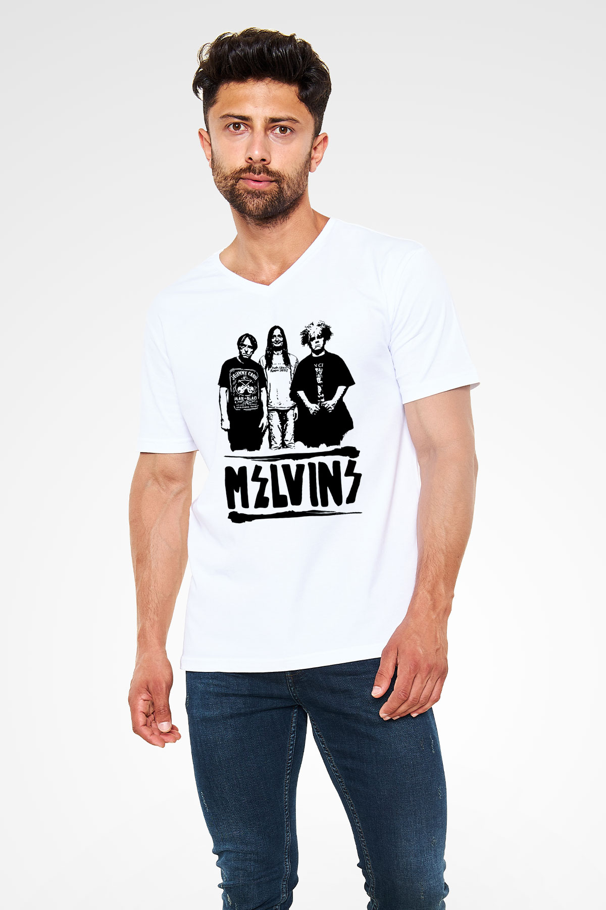 Melvins Baskılı Beyaz Unisex V Yaka Tişört - Tshirt