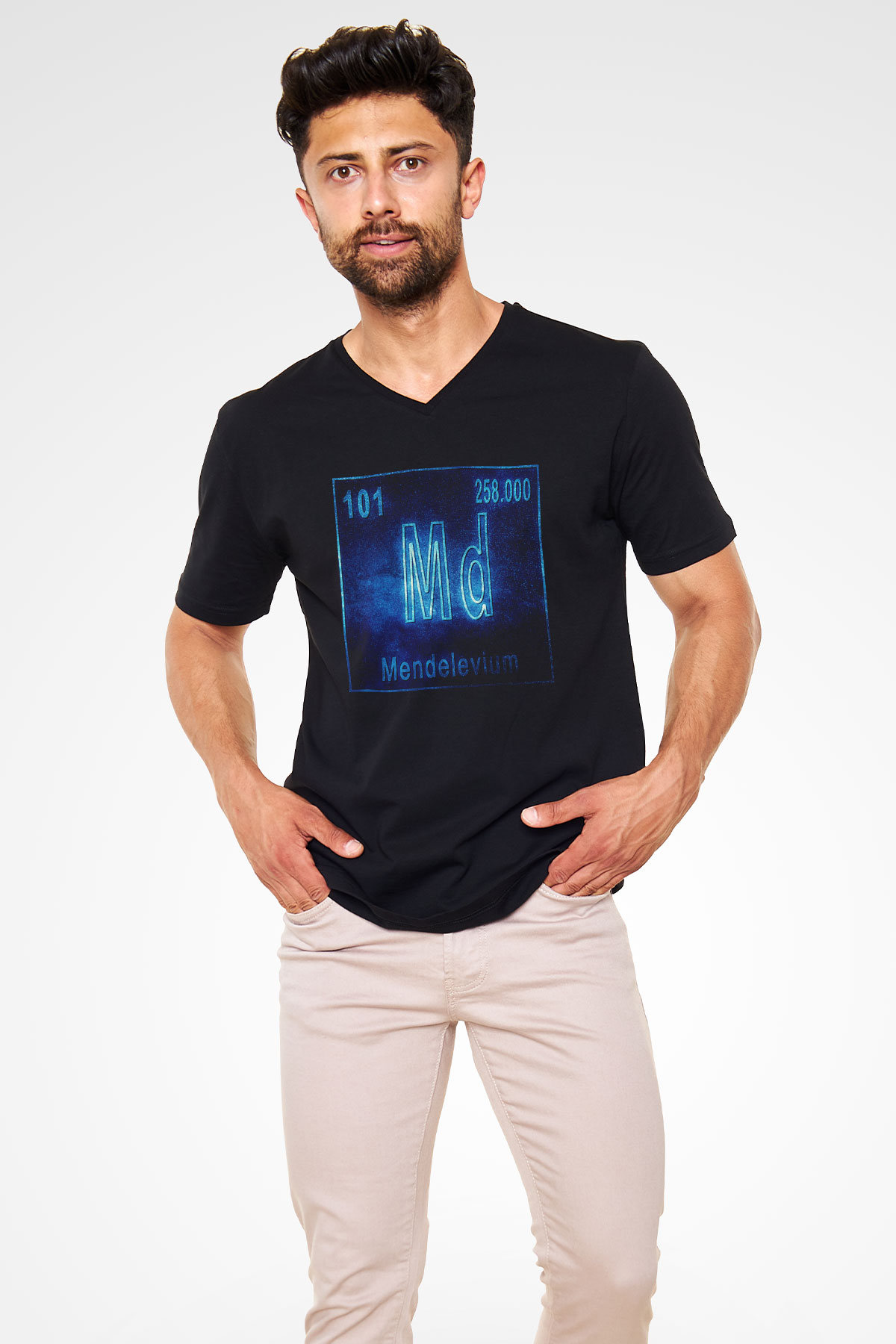 Mendelevyum Atom Numarası Baskılı Unisex Siyah V Yaka Tişört