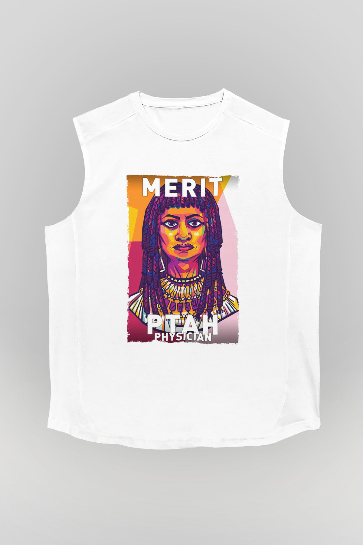 Merit Ptah Baskılı Unisex Kolsuz Beyaz Tişört - Tshirt