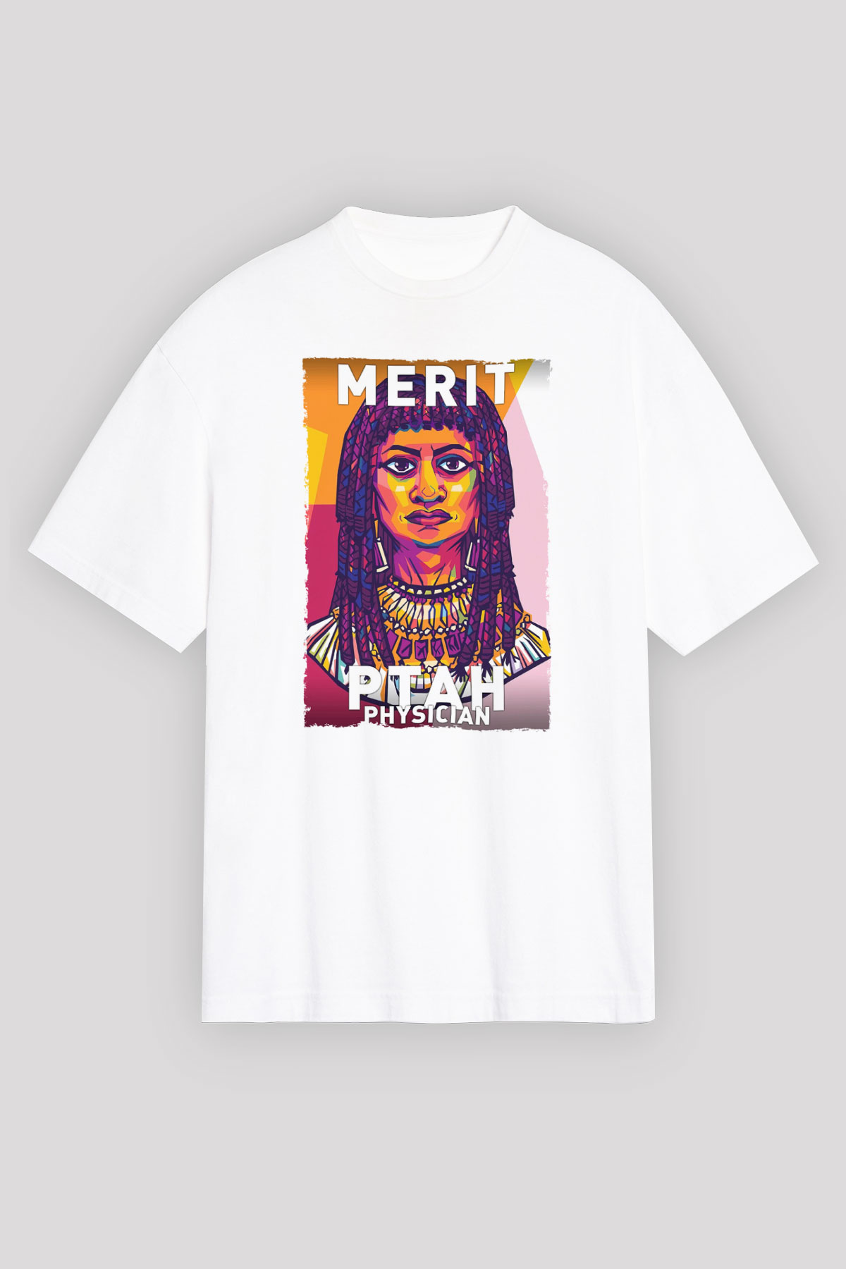 Merit Ptah Baskılı Unisex Oversize Beyaz Tişört - Tshirt