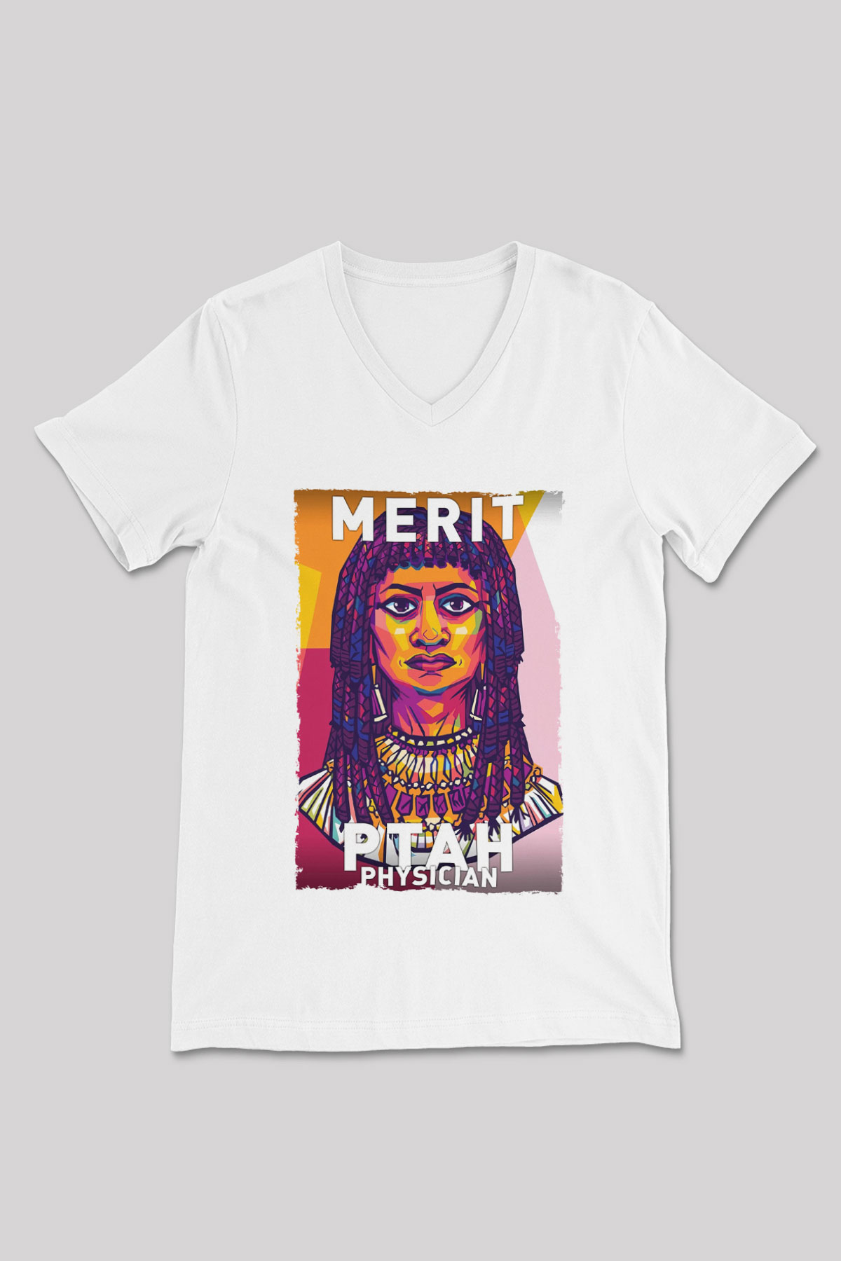 Merit Ptah Baskılı Unisex V Yaka Beyaz Tişört - Tshirt