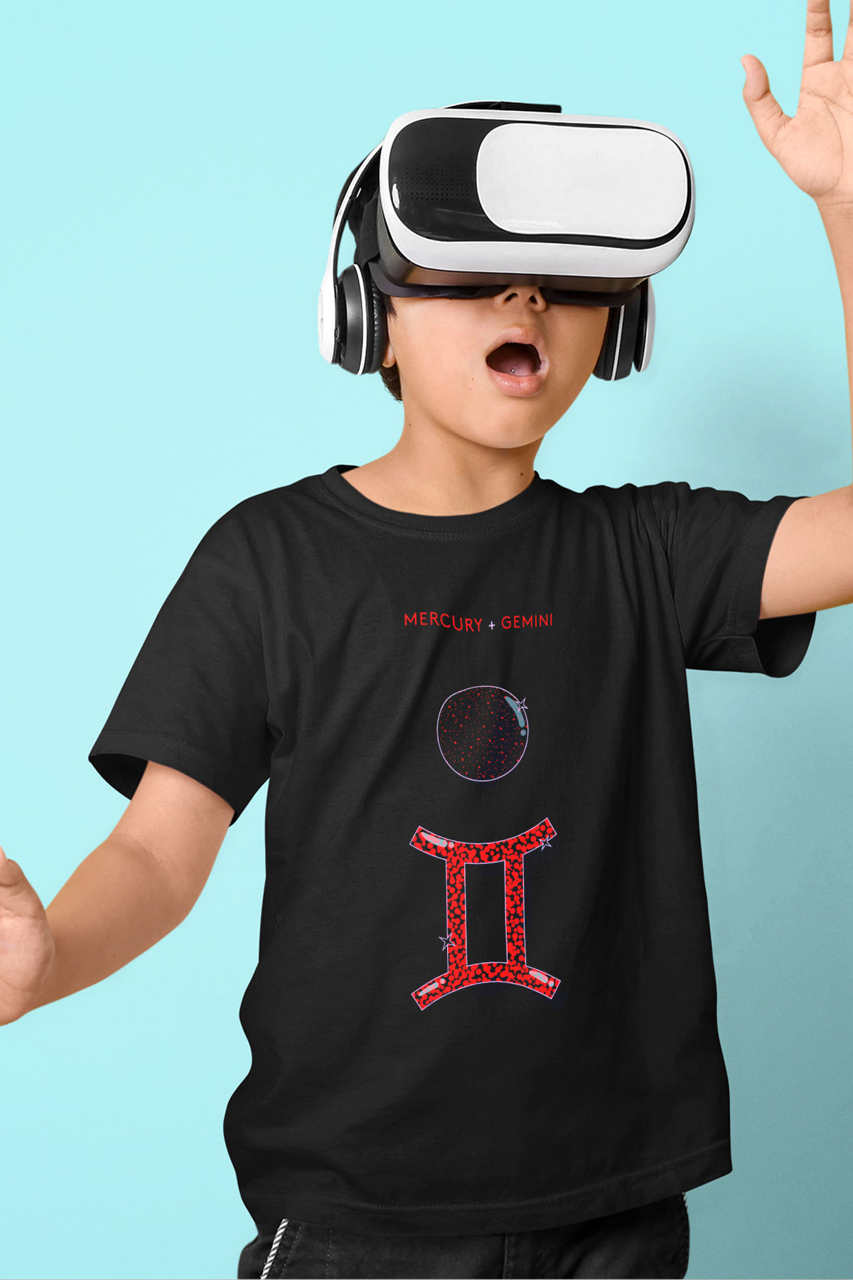 Merkür Baskılı Siyah Unisex Çocuk Tişört