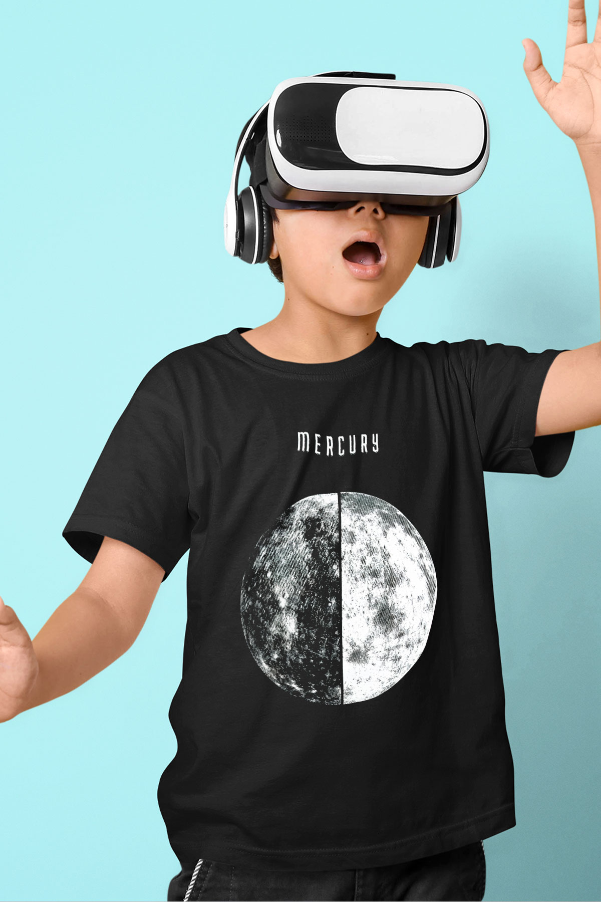 Merkür Baskılı Siyah Unisex Çocuk Tişört