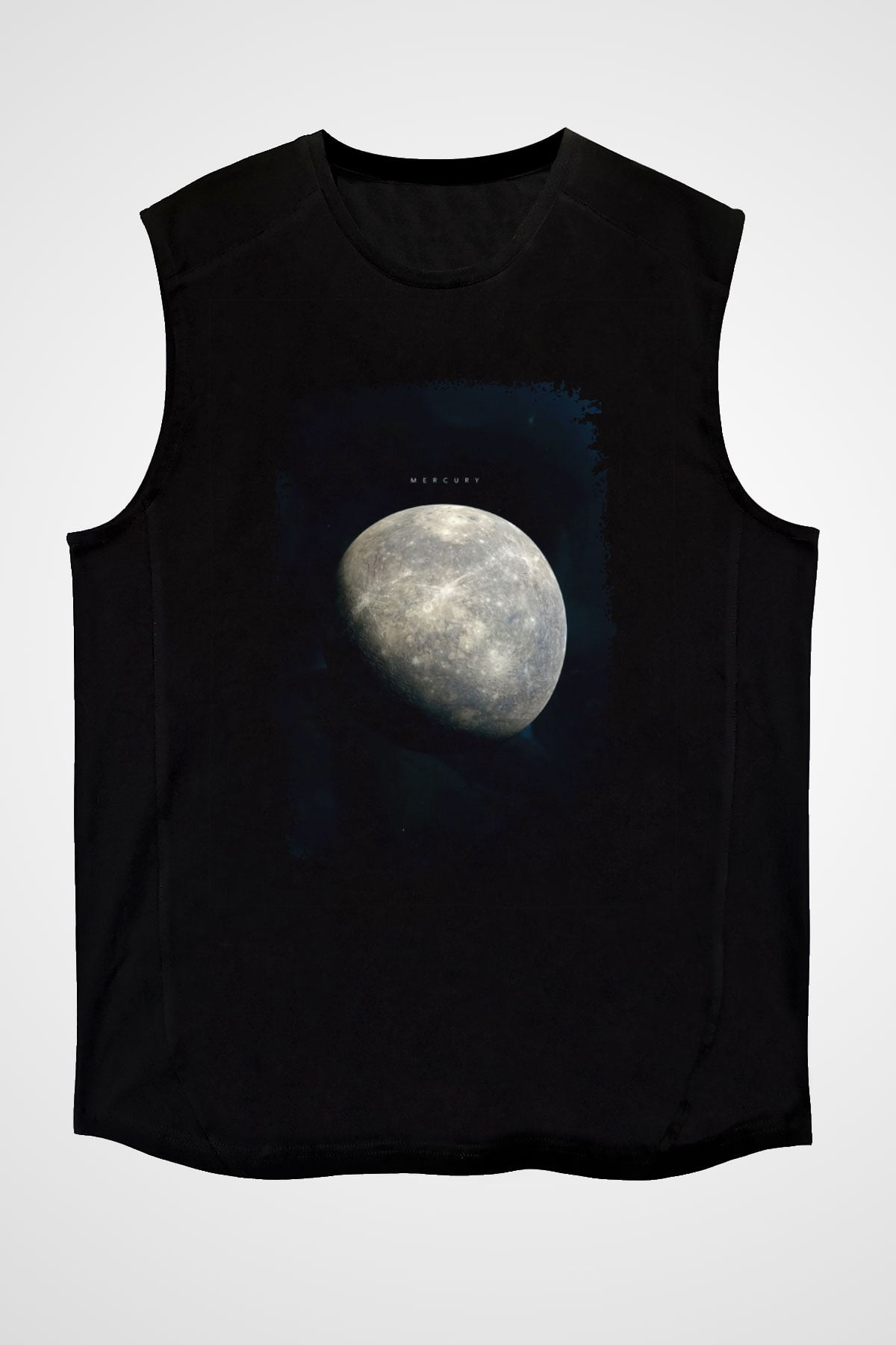 Merkür Fotoğraf Baskılı Unisex Kolsuz Siyah Tişört - Tshirt